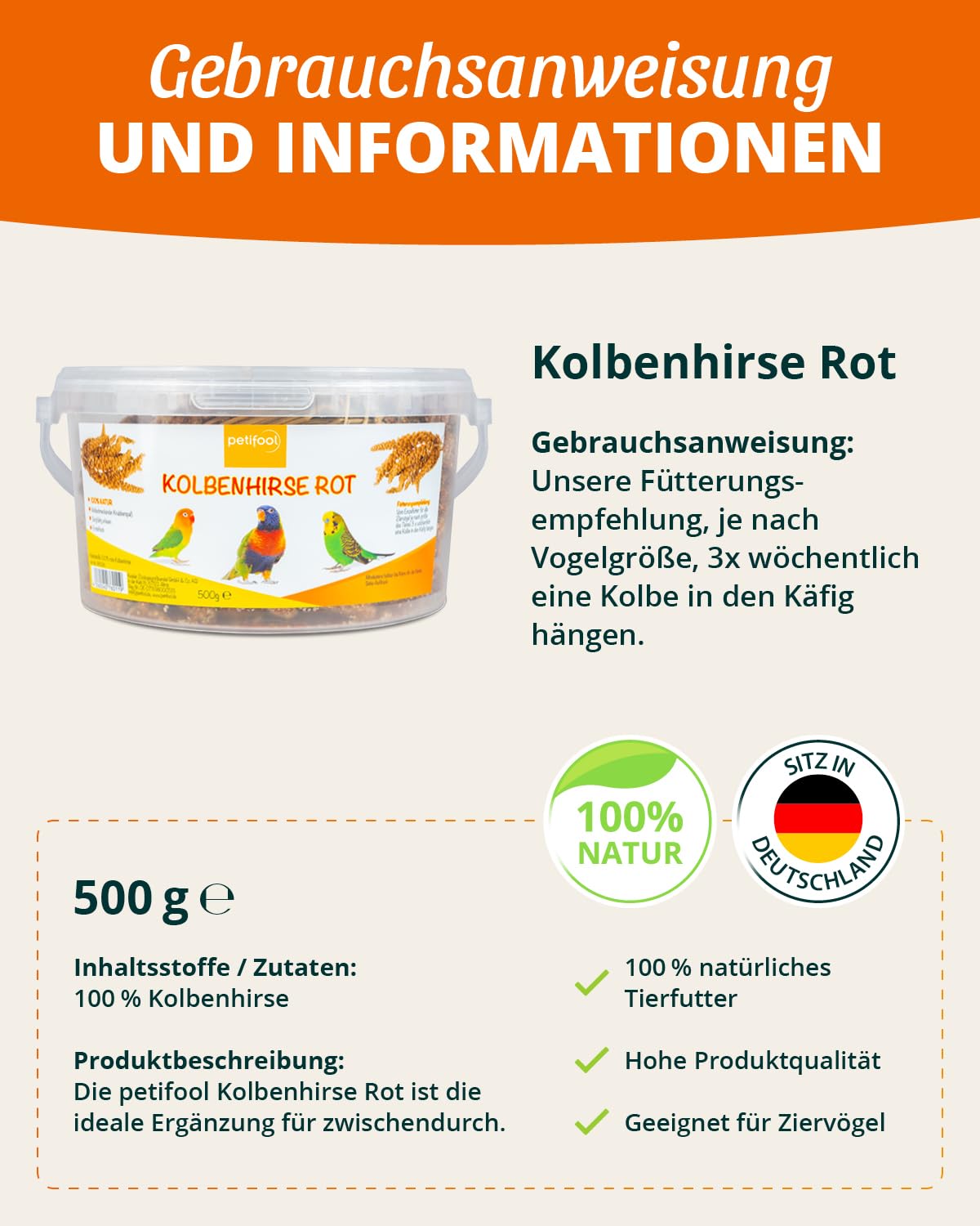 petifool Proso kolby czerwone 500 g – pasza dla wszystkich ptaków ozdobnych – karma dla ptaków – 100% naturalna