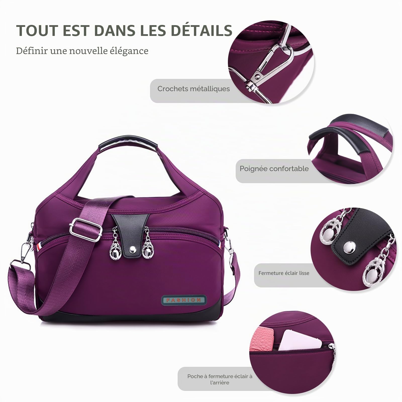 NICOLE & DORIS Sacs à Main Portés Epaule Femme Sac à Bandoulière Léger Sac D'épaule Multi-Poches Sac Messenger Nylon Sac de Voyage Grande Capacité Camouflage Rosé