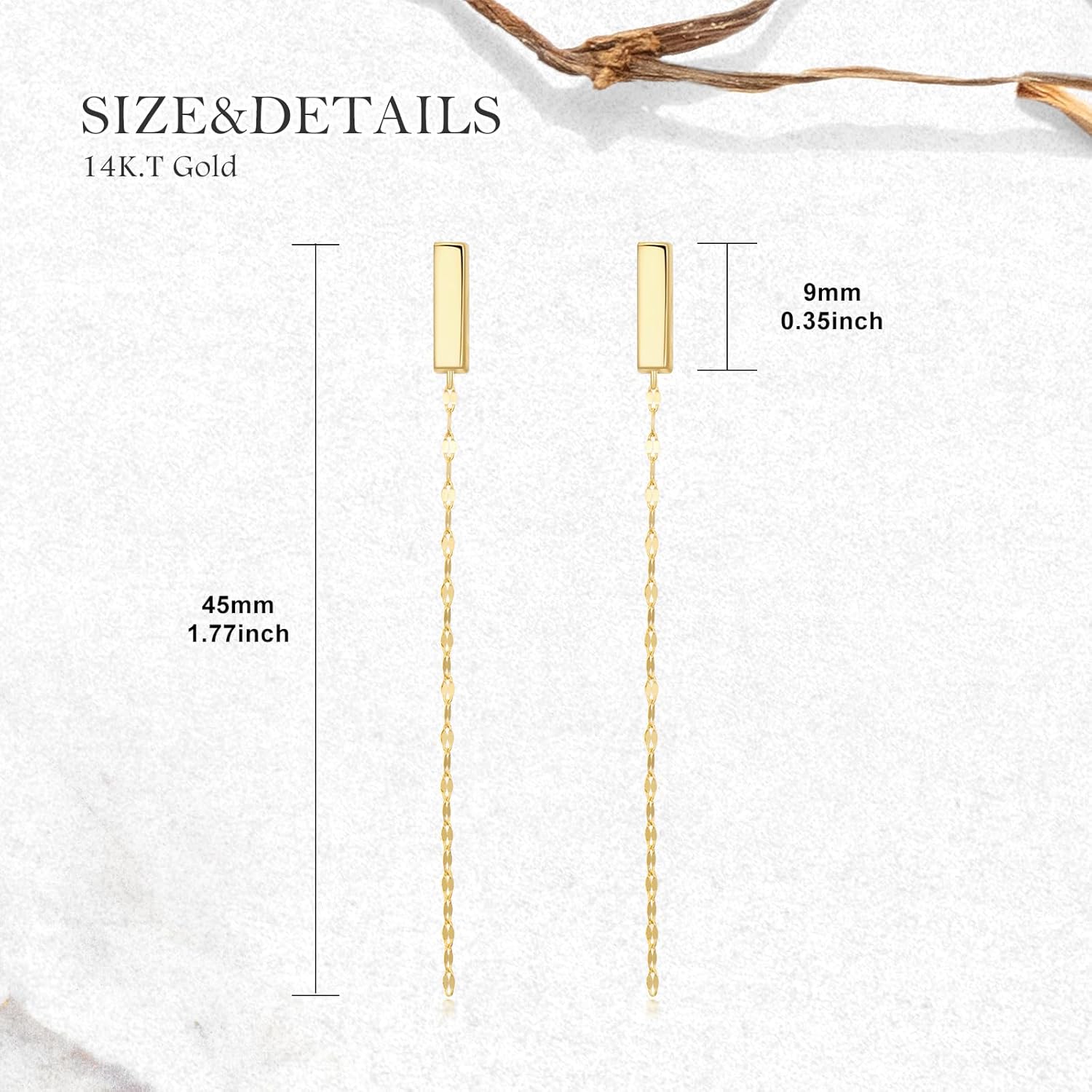 Solid 14k Gold Bar Dangling Tassel Earrings for Women - Image 3