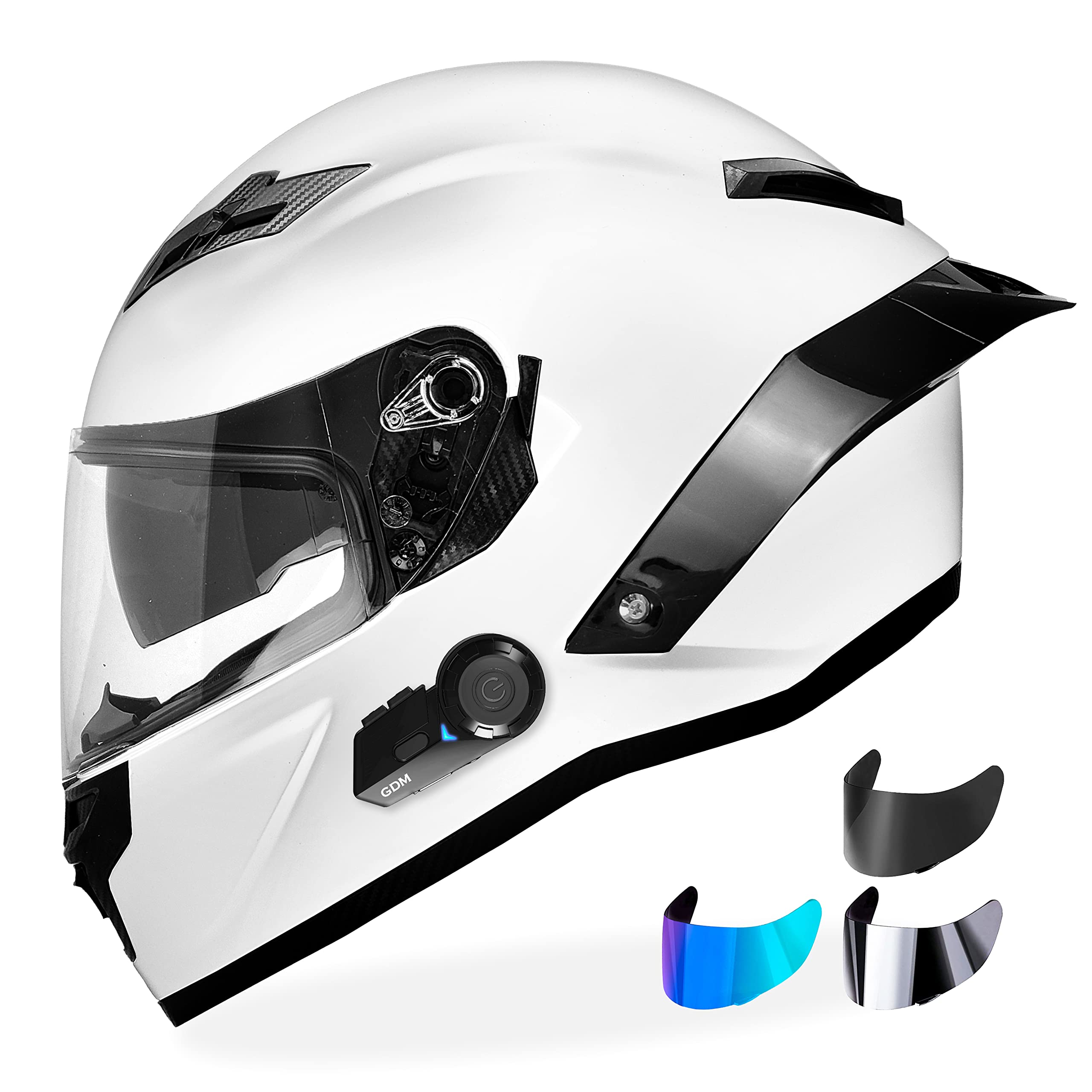 Bluetooth Motorcycle Helmet with Clear, Tinted, Iridium Shields (Gloss White, Medium)