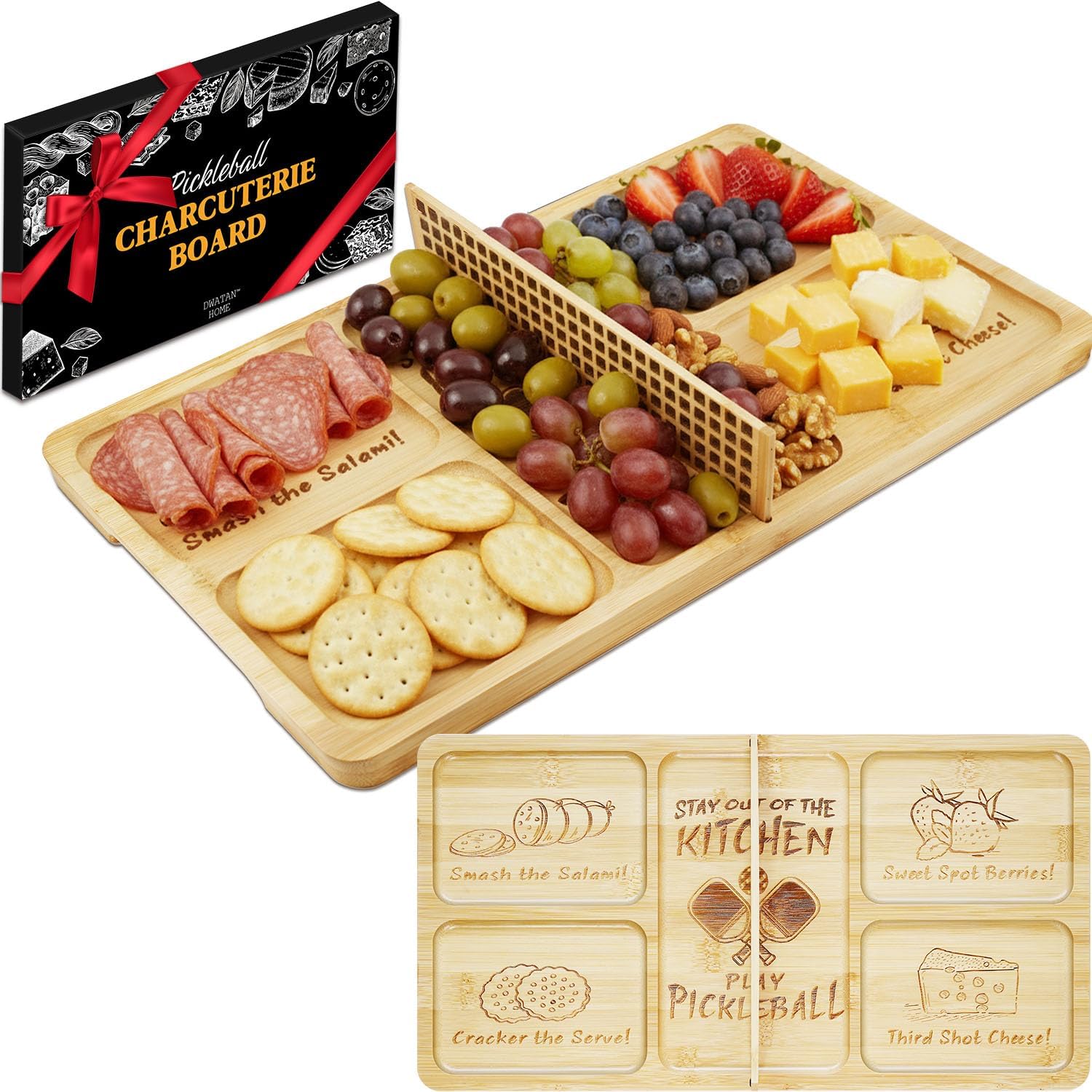Pickleball Court Charcuterie Board with Net, Funny Mother's Day Pickleball Gifts for Mom, 2-in-1 Bamboo Serving Tray & Cutting Board, Pickleball Kitchen Decorations