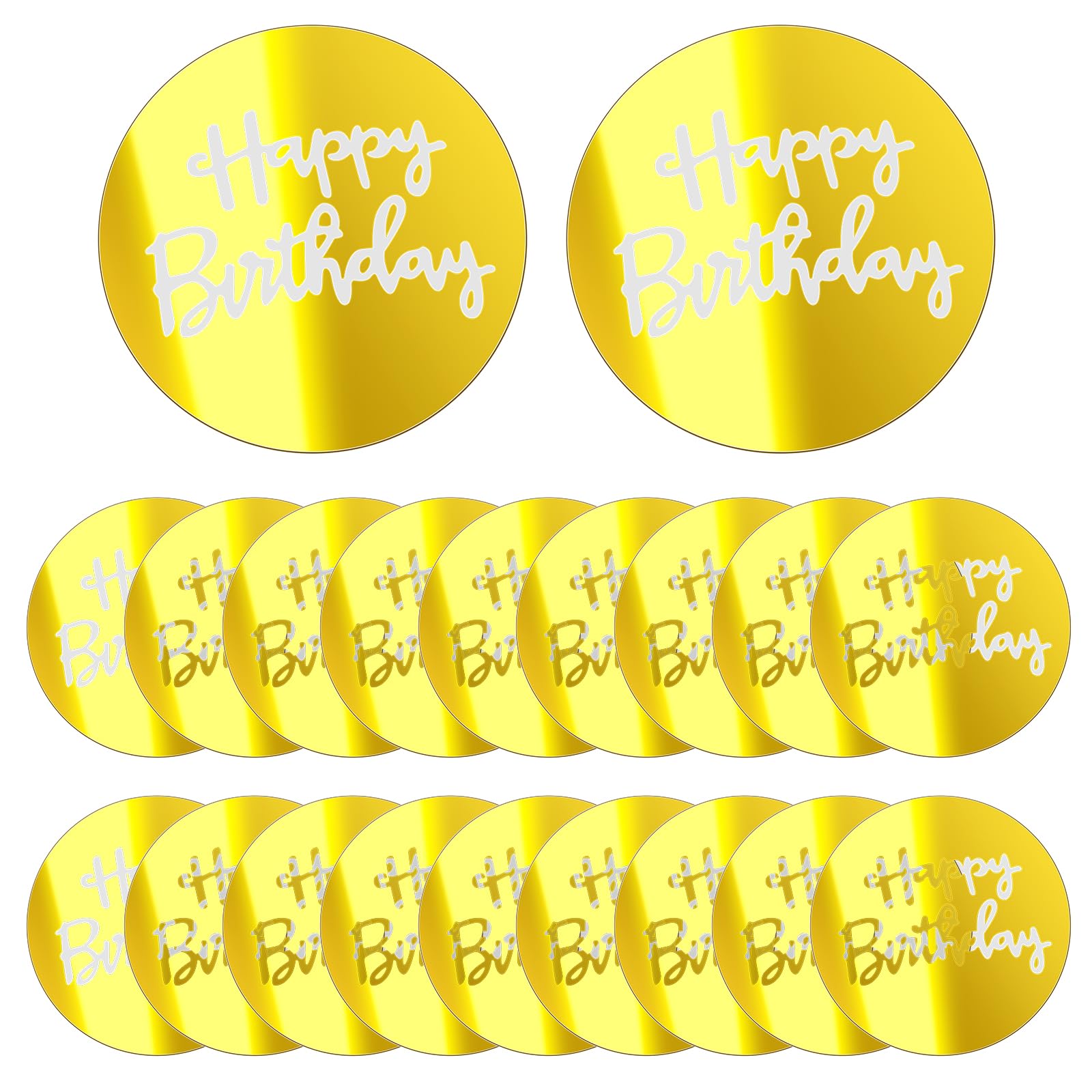 KALIONE 20 Pieces Mini Round Happy Birthday Cake Toppers, Engraved Acrylic Cake Disc Mirror Acrylic Cupcake Toppers for Birthday Party Cupcake Cake
