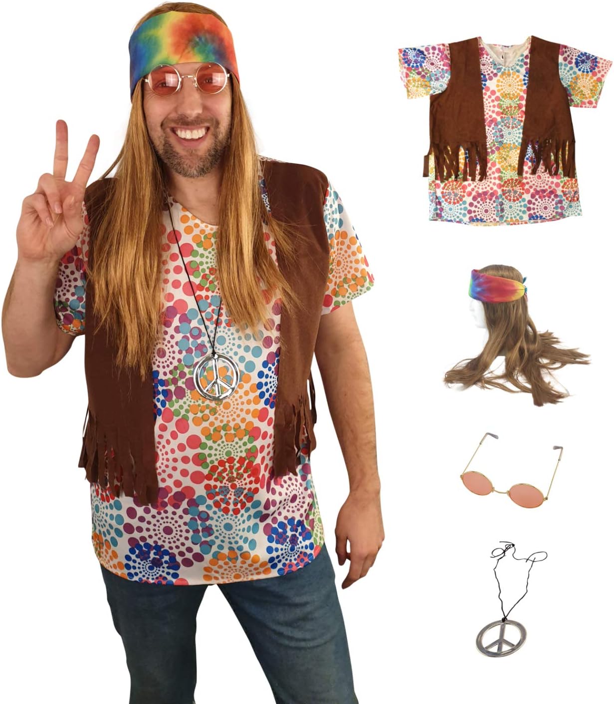 HandinHandCreationsHippie Costume Wig Set - Wig and Bandana - Necklace - Vest - Shirt - Glasses - Woodstock 1960s Gear
