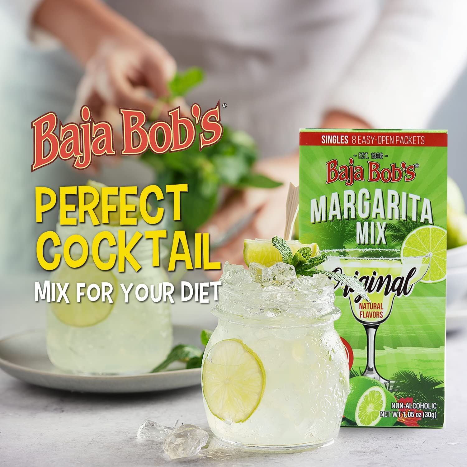 Baja Bob's Mezcla de cóctel Margarita, individual, sin azúcar y baja en carbohidratos, 8 paquetes por caja