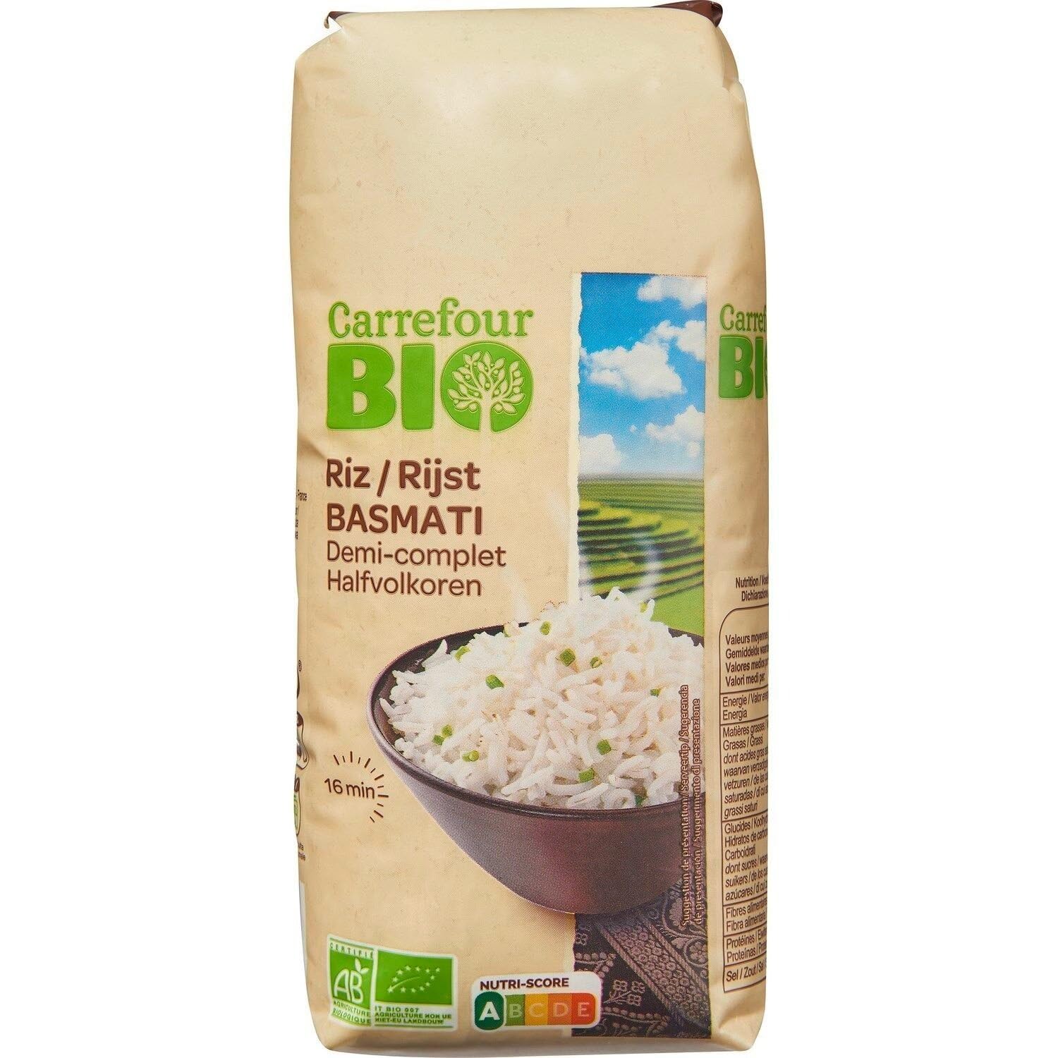 CARREFOUR BIO – Riz Basmati Semi-Complet, Cuisson Rapide en 16min, Saveur Naturelle (500g) - lot de 4 - Vendu par Lot