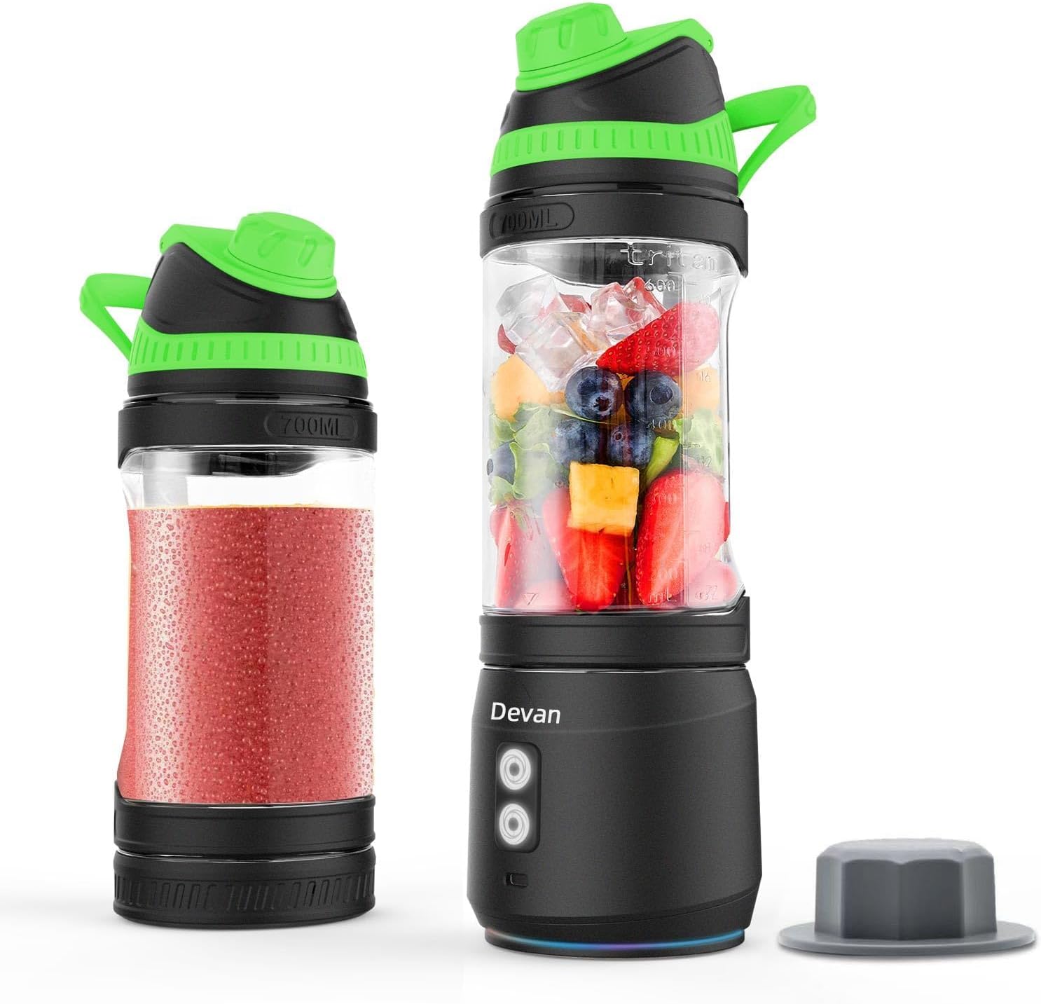 Portable Blender, Anti-Jamming 300 Watt for Shakes and Smoothies, 24oz Travel Blender USB Rechargeable, BPA Free Sporty bottle with a Travel Lid. (Black Base Grey Lid) (Black Base Green Lid)