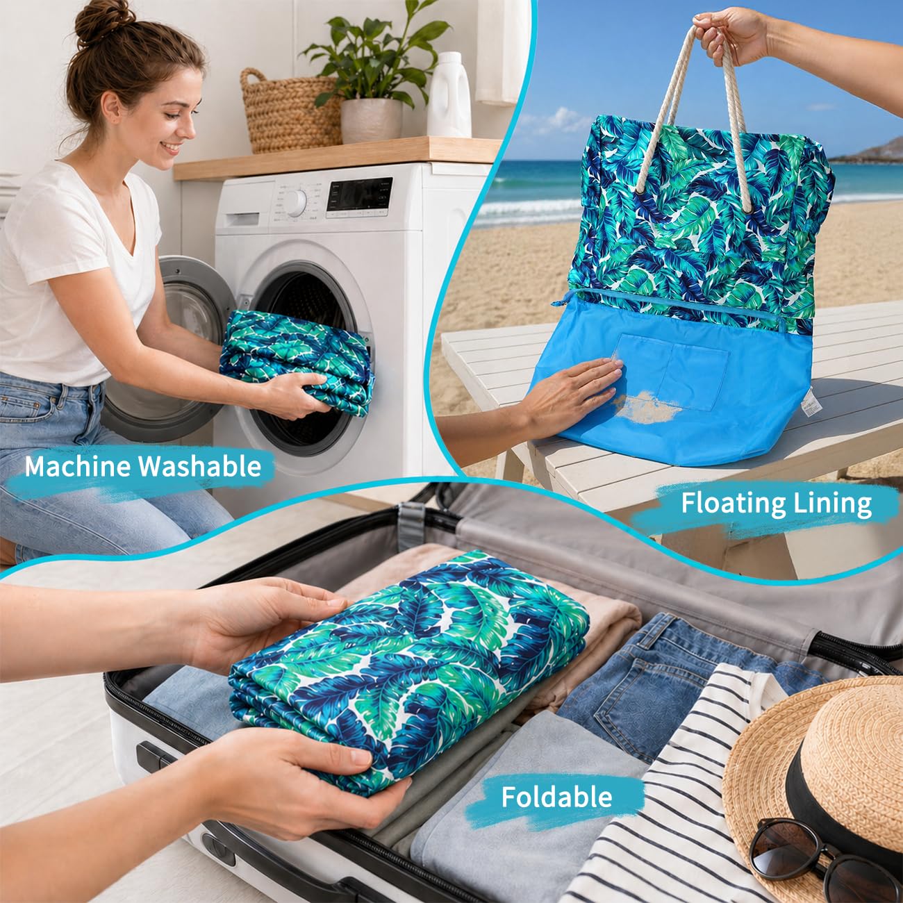 RAVUO Sac De Plage,Oversize Sac Cabas Femme Avec Fermeture Éclair Résistant À L'eau Sac Fourre Tout Léger Famille Sac De Piscine Pour La Plage,Piscine,Gymnase,Voyage