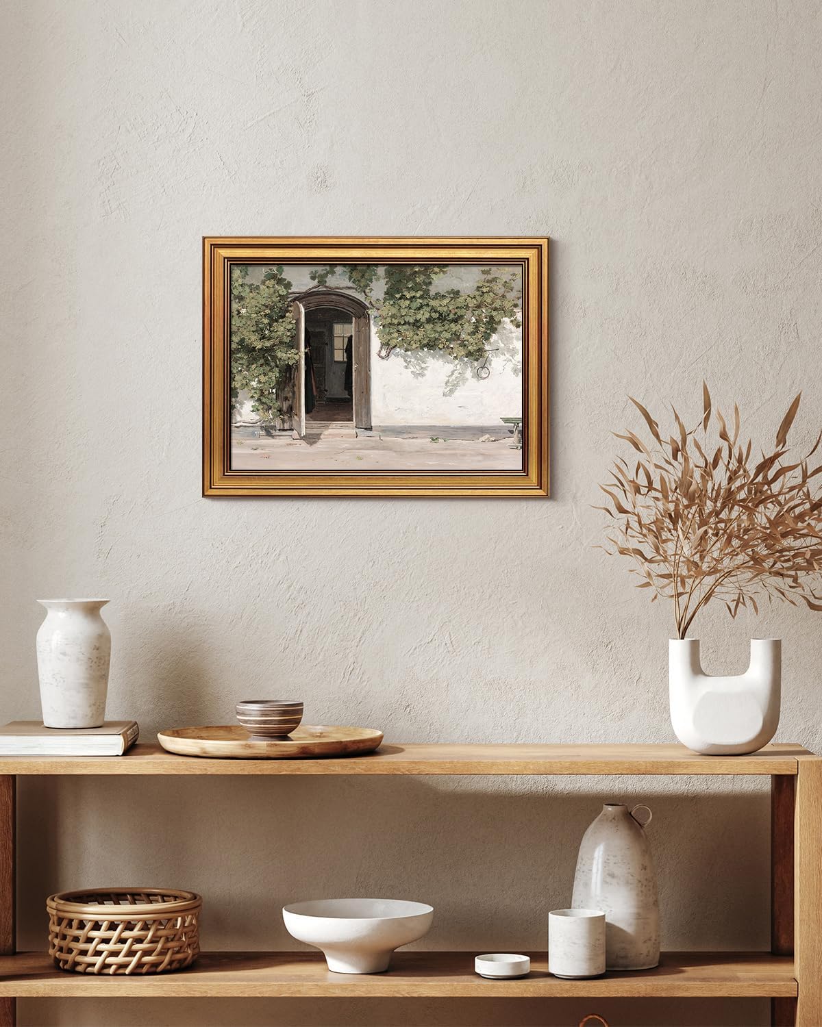 WHASAYART Gold Framed Vintage Wall Art Vineman Climbing The Walls Farmhouse Wall Decor Opening Door Oil Painting Picture Canvas Print Art Home Decor Aesthetic for Bedroom Bathroom Office 12x16in