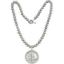 Walking Liberty Half Dollar Coin Pendant | Grey Pearl Necklace | Heart Toggle Closure
