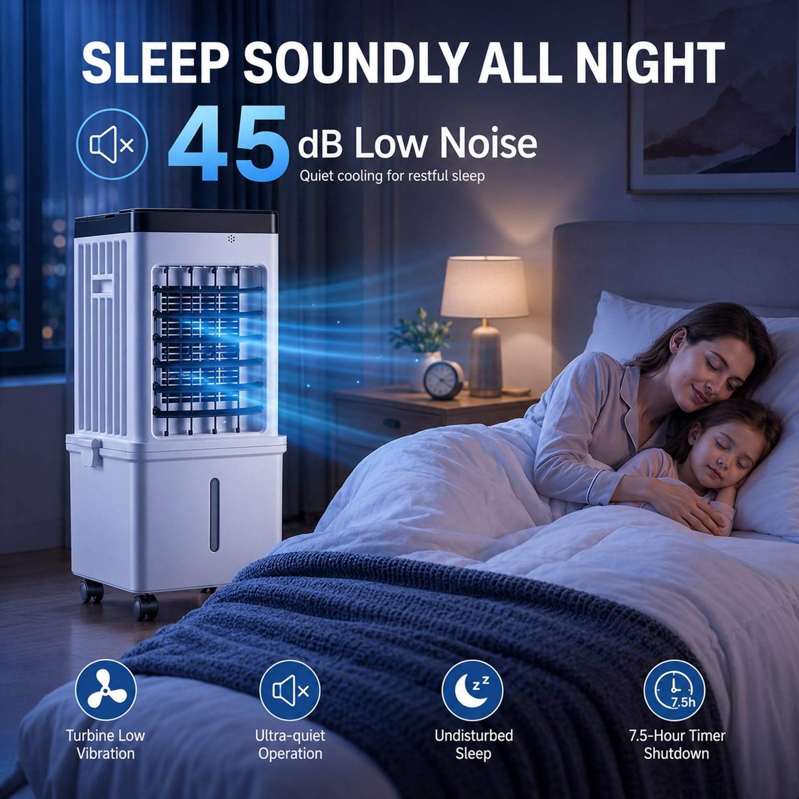 Aire Acondicionado Portátil/Enfriador Evaporativo, 3 Velocidades, Oscilación de 90°, Temporizador de 7,5 H, Control Remoto, para Oficina en Casa o Dormitorio