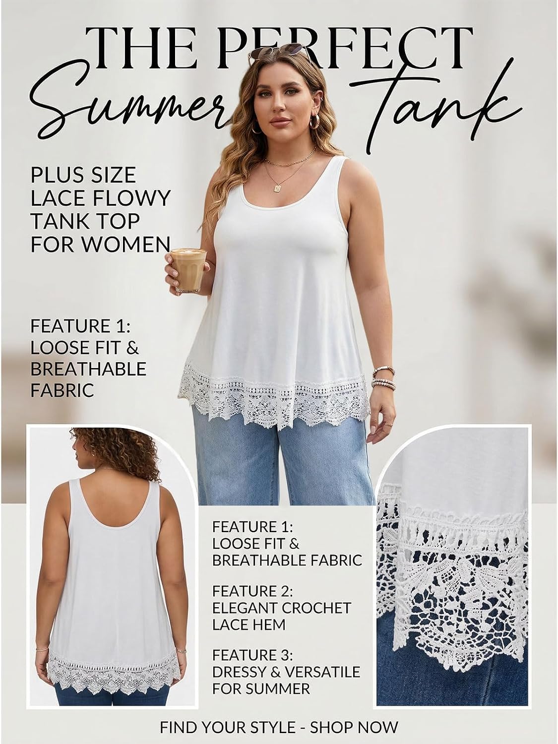 Plus Size Tank Tops for Women, Flowy Lace Trim Camisole, Loose Fit Layering Tunic Tops to Hide Tummy