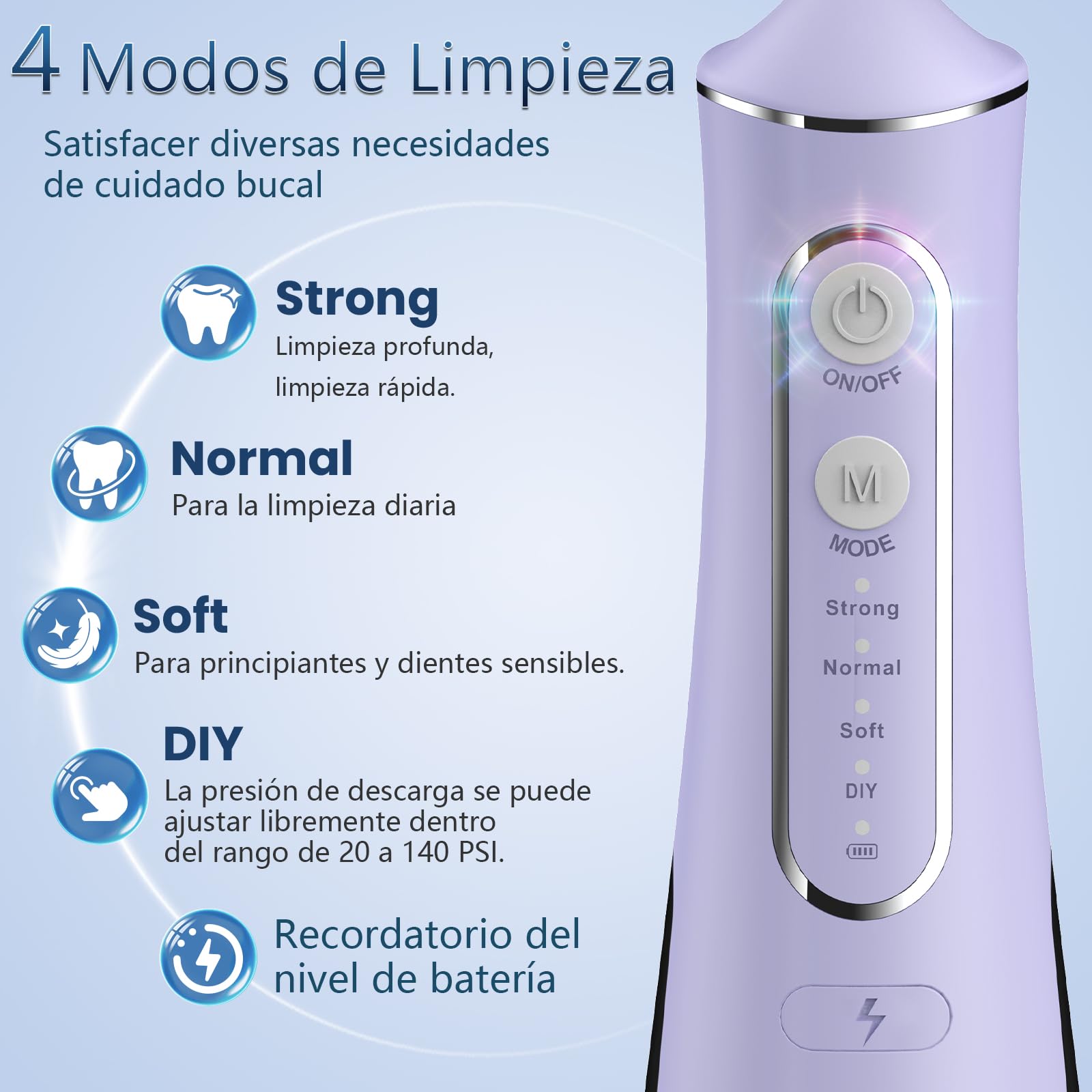 OasiSmile Irrigador Dental, 300ML Irrigador Bucal Profesional con Tecnología DIY Autoajustable, 5 Boquillas y 4 Modos, Para Ortodoncia y Encías Sensibles, Inalámbrico IPX7 para Viaje Hogar, Morado