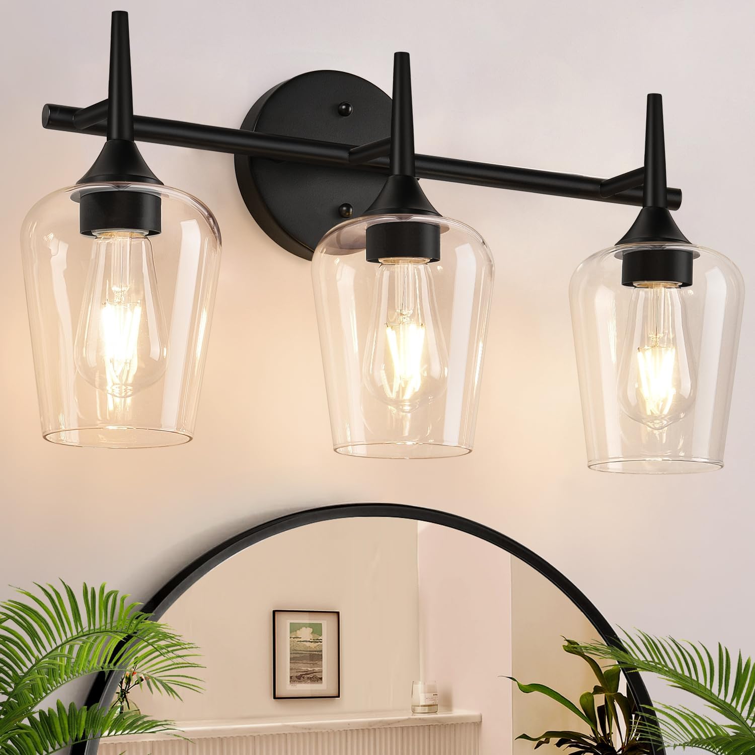 2025 Upgrade 3-Light Bathroom Light Fixtures, Black Vanity Lights for Bathroom with Clear Glass, 19.5 Inch Bathroom Lighting Fixtures Over Mirror, Modern Wall lamp for Cabinet Hallway Matte Black