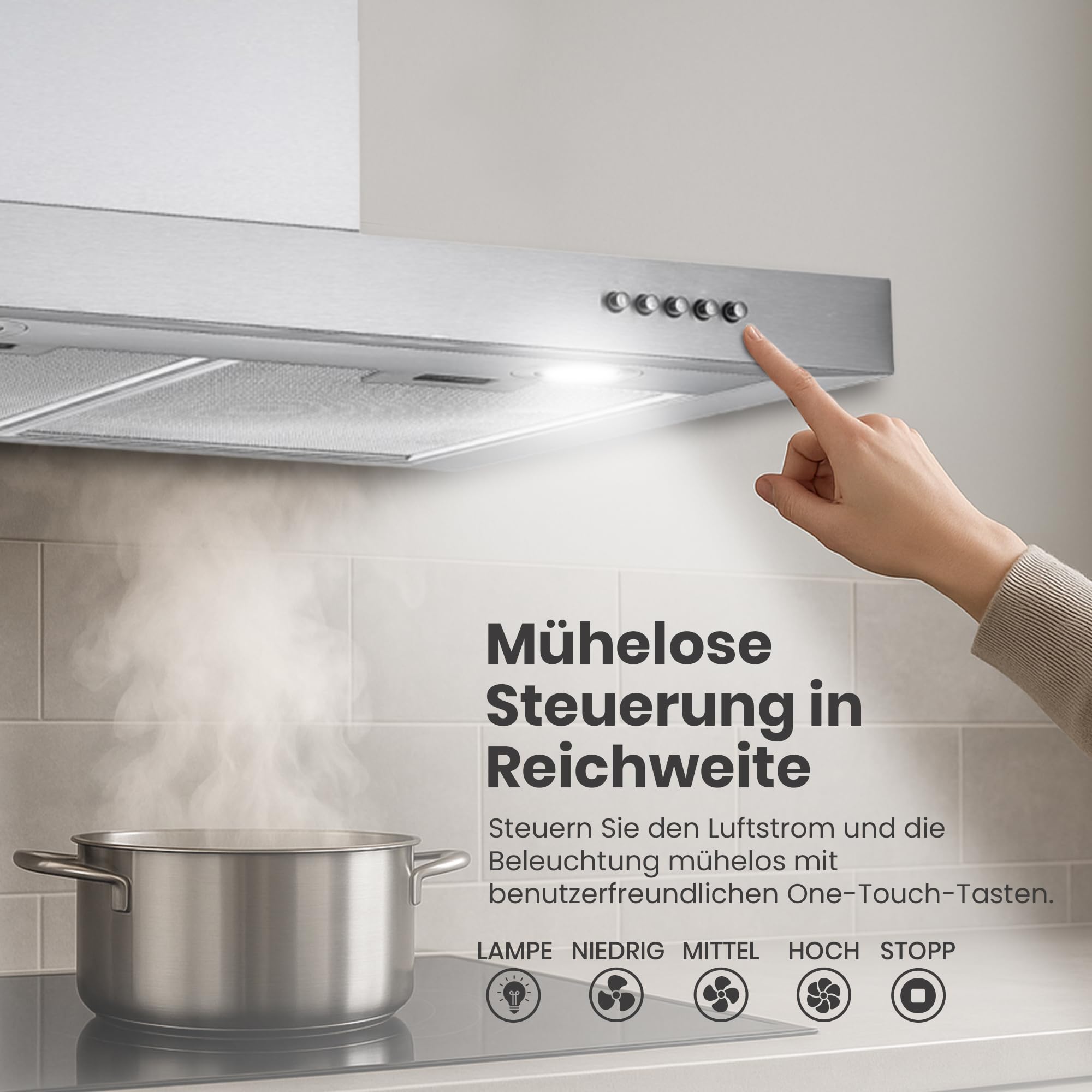 HDCH-360TSS 60cm T-Form Dekorative Dunstabzugshaube - 308m³/h, 3 Geschwindigkeiten, Edelstahl mit Dual LED, 5 Jahre Garantie