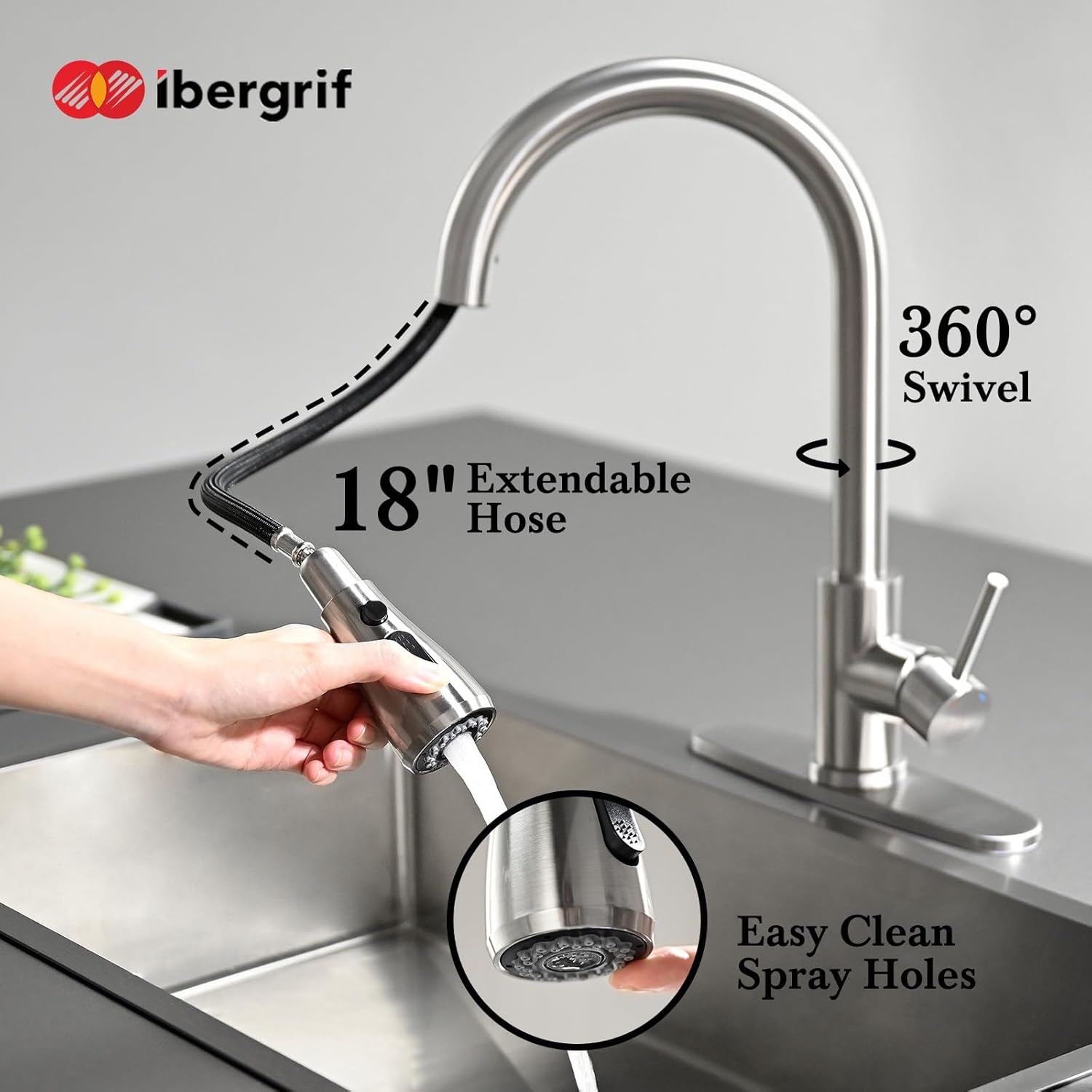 Ibergrif K22137 Kitchen Faucet with 3 spray modes