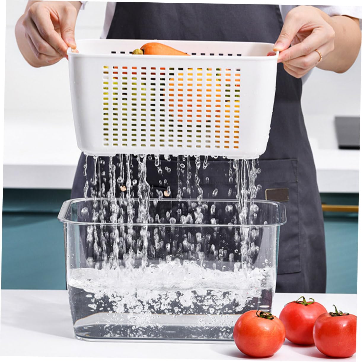 Cabilock Bacs de Rangement Multifonctionnels et Lot de 2 pour Réfrigérateur et 4,5l en Pet Blanc 1,7l Égouttoir Intégré Gain de Temps pour Légumes