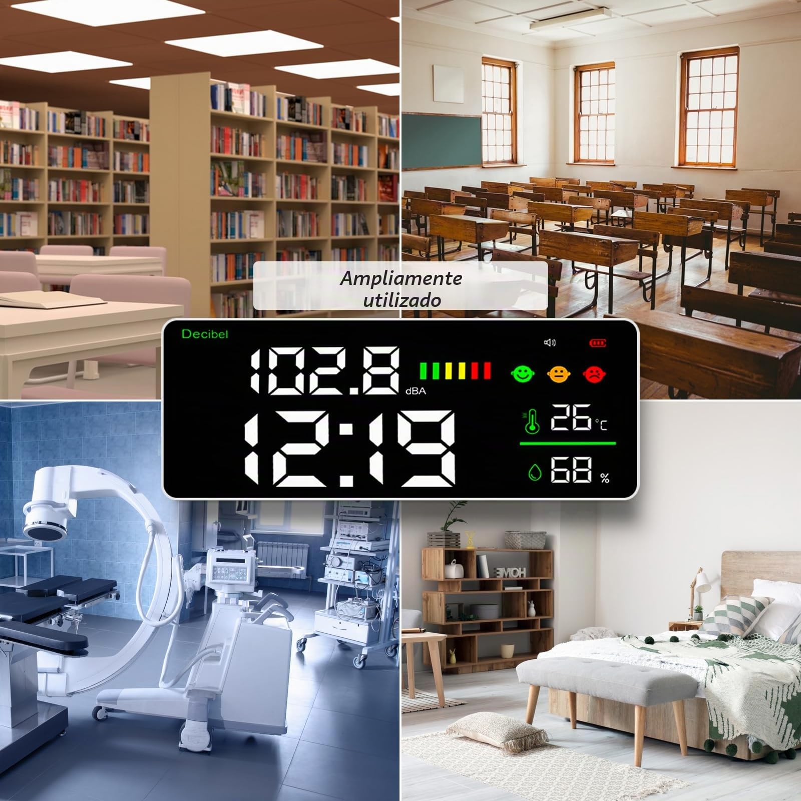 Medidor de Nivel de Sonido de Pared de 30 a 130 dB con Alarma, Medidor de Nivel de Sonido 11" LED Decibelios/Temperatura/Humedad/Tiempo, Decibelímetros Medidor de Ruido Recargable y Cable USB