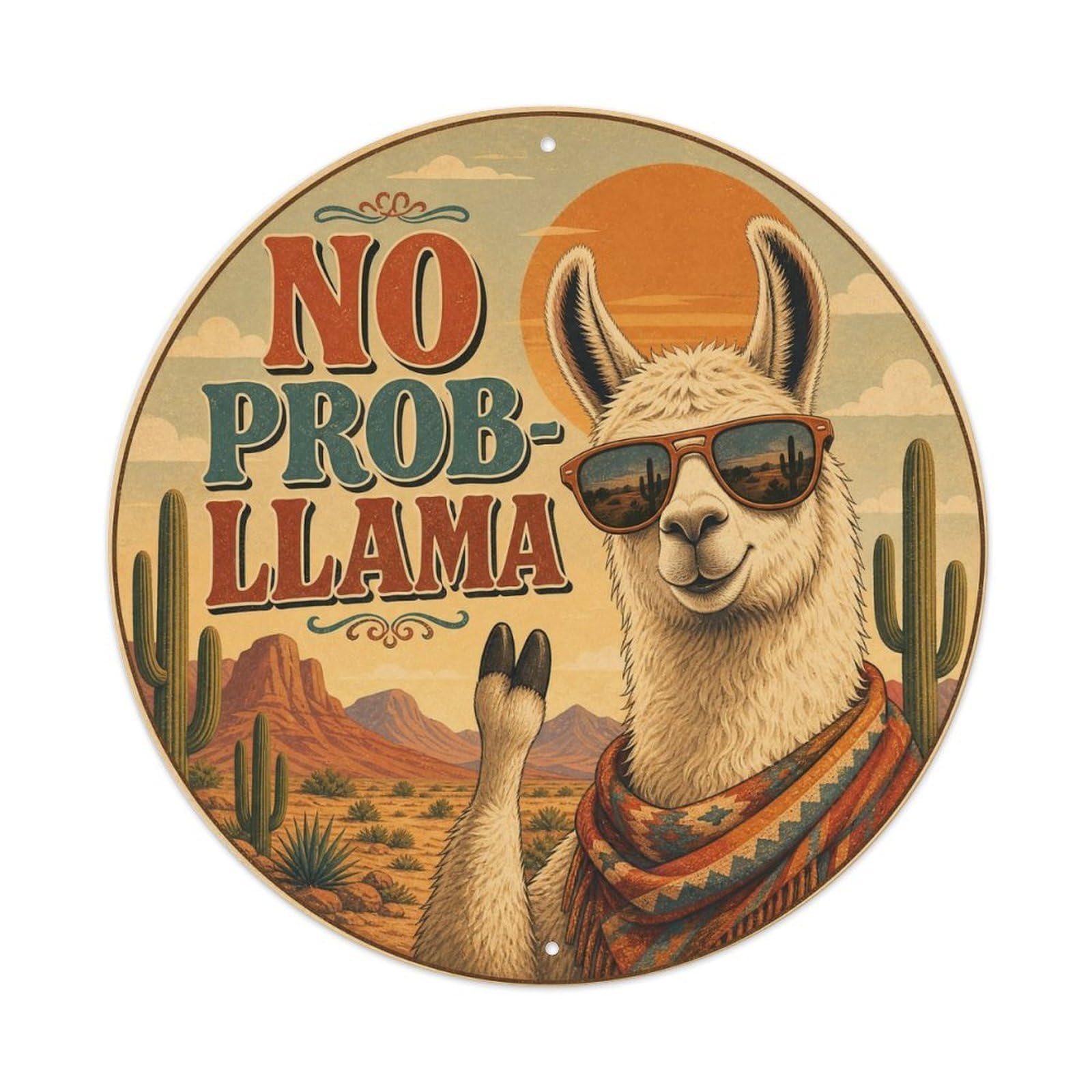 Okngb Style Llama Quirky Humor Farm Animal Rustic Comic Cartoon Metal Tin Sign Plaque Wall Decor For Cafe, Man Cave, Club Bar, Office, Home Garden Round Metal Poster 8X8inch