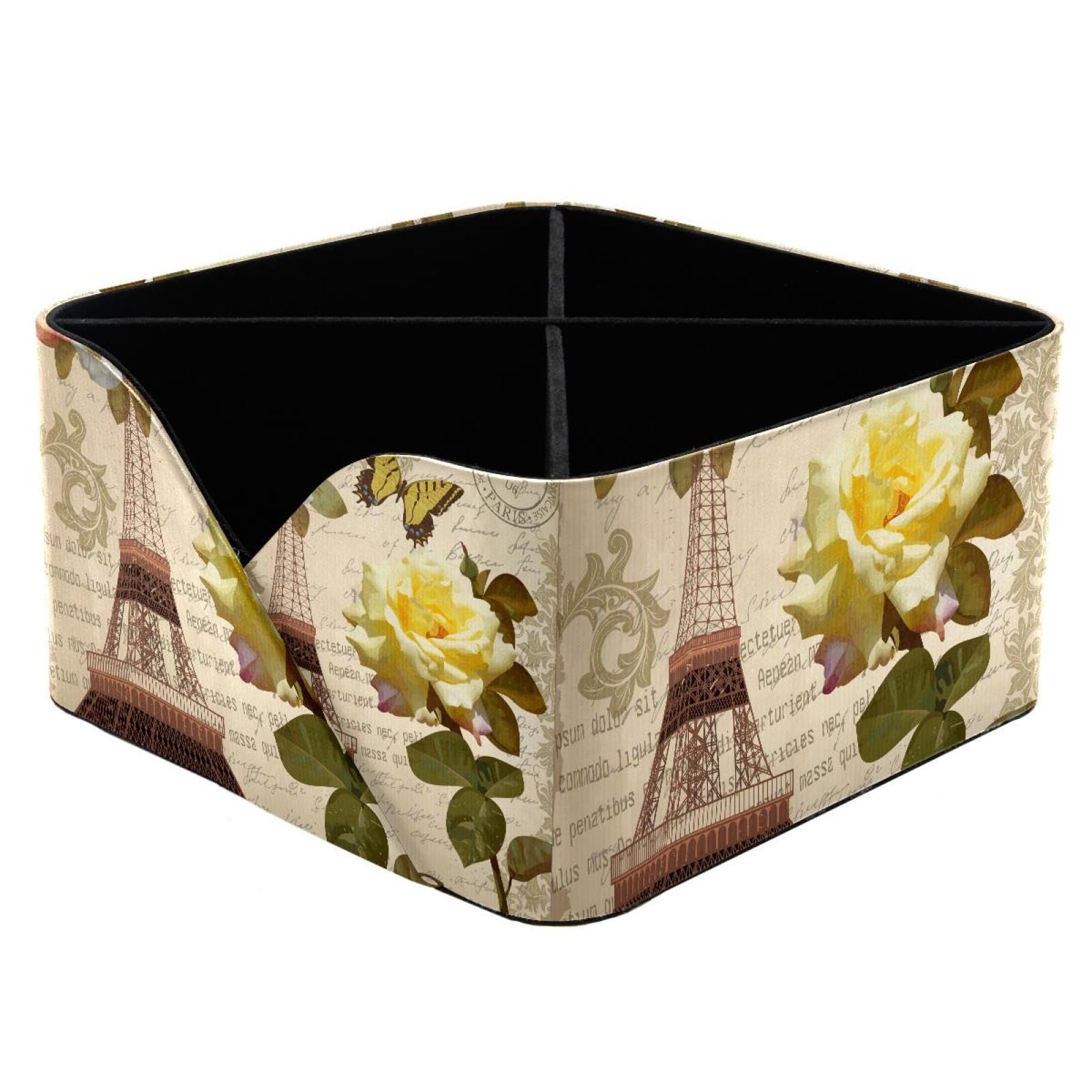 KengjuTesu Vintage Eiffel Tower and Roses Desktop Organizer Pen Holder, Rectangular Pencil Cup for Office, Study and Makeup Stations