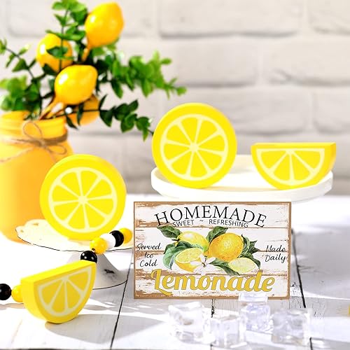 Miniatura 5 de Jetec 5 piezas de decoración de bandeja escalonada de limón, centros de mesa de verano, decoración de mesa de madera de limón, centros de mesa para