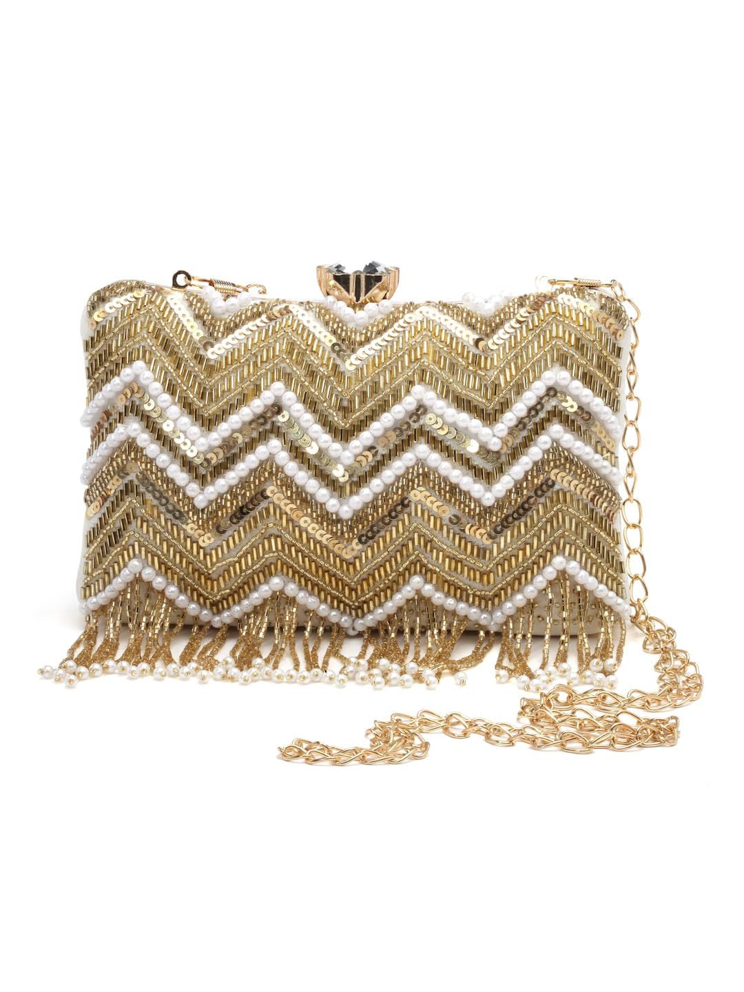 anekaant Dangle Chevron Embellished Velvet Clutch-picture-38