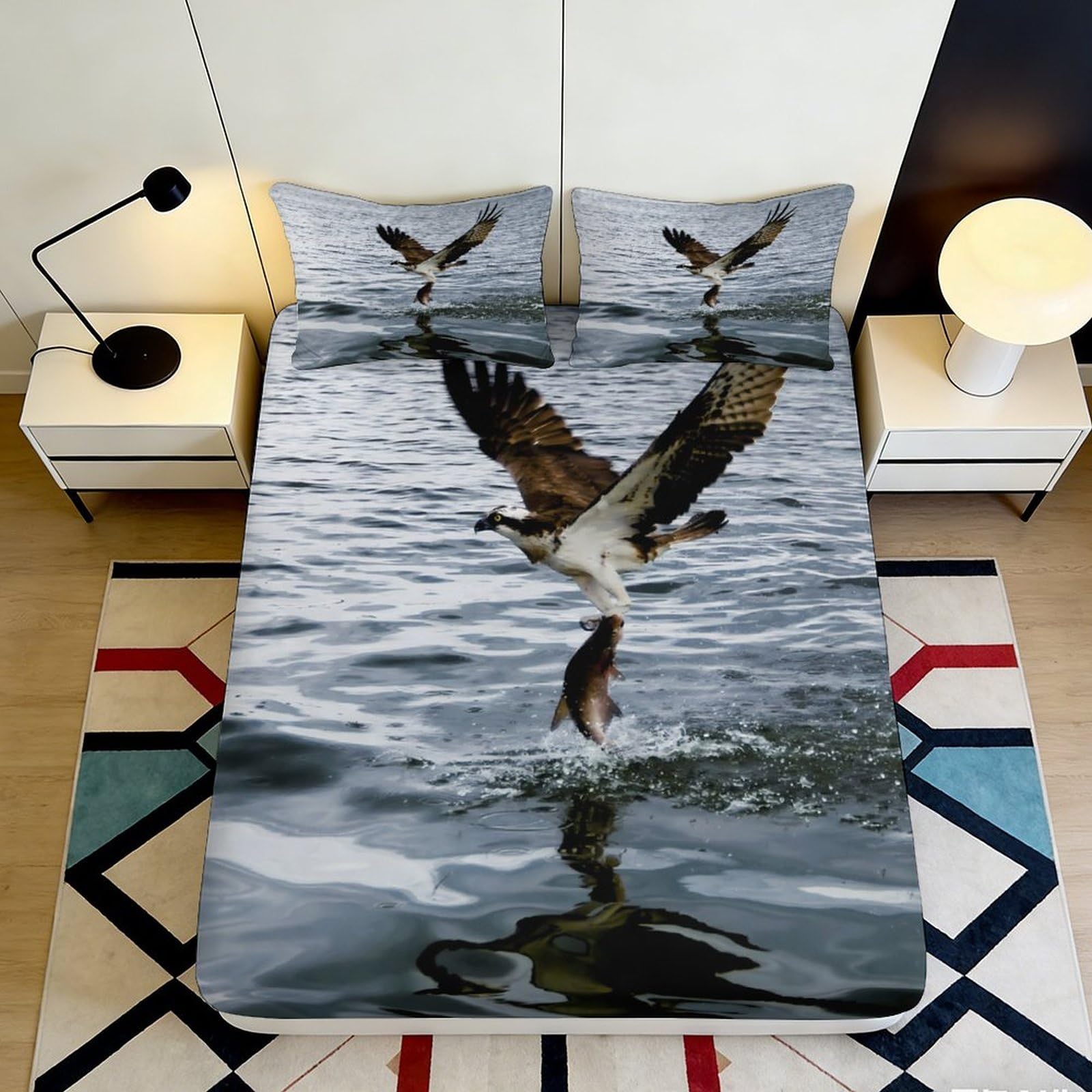 3D Printed Osprey Fishing Fitted Sheet Microfiber Deep Pocket Anti-Slip Osprey Mattress Fitted Cover for Bedroom 140x200x25cm