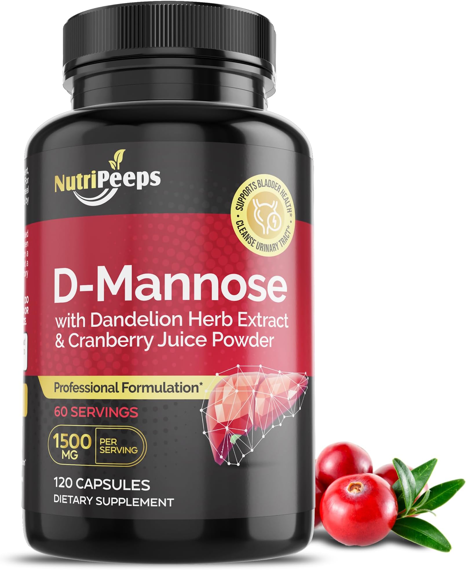NutriPeeps DMannose 1500mg, 120 Capsules with Dandelion