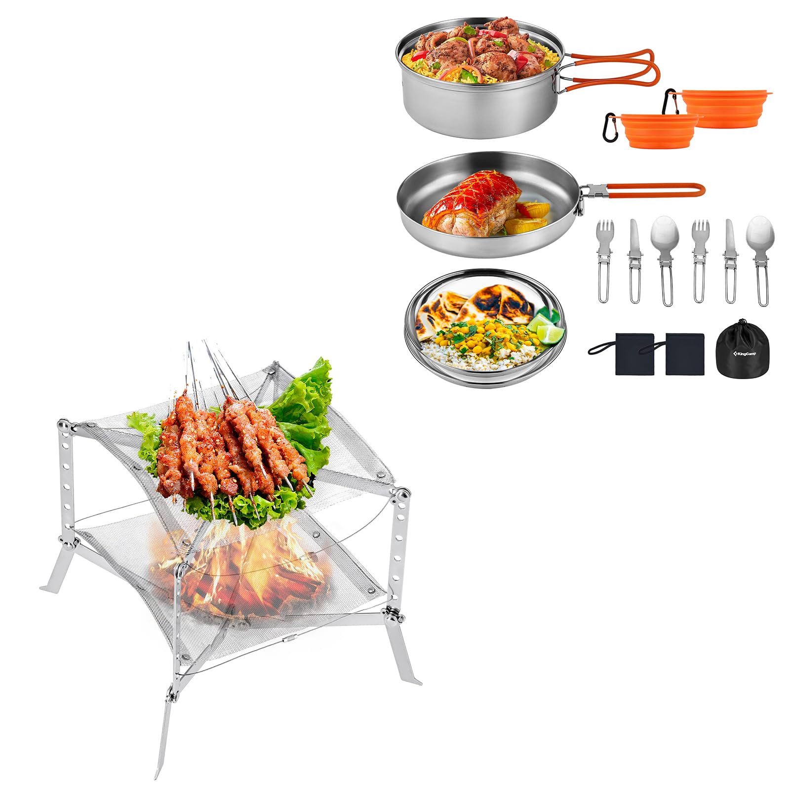 KingCamp 17pcs Stainless Steel Camping Cookware Mess Kit with Folding Campfire Grill