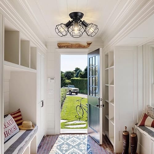 Miniatura 6 de Lámpara de techo industrial negra semiempotrada vintage de 3 luces de jaula negra, lámpara de techo de montaje empotrado negro para cocina,