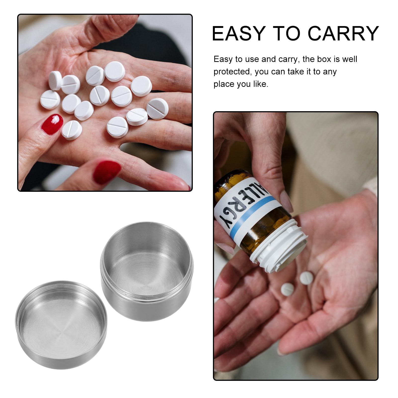Runde Reise Pillendose aus Edelstahl, Silber, Kleiner