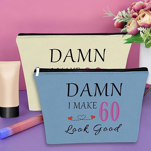 Miniatura 4 de Sazuwu Bolsa de maquillaje para regalos de cumpleaños número 60 para mujer, Azul, beige