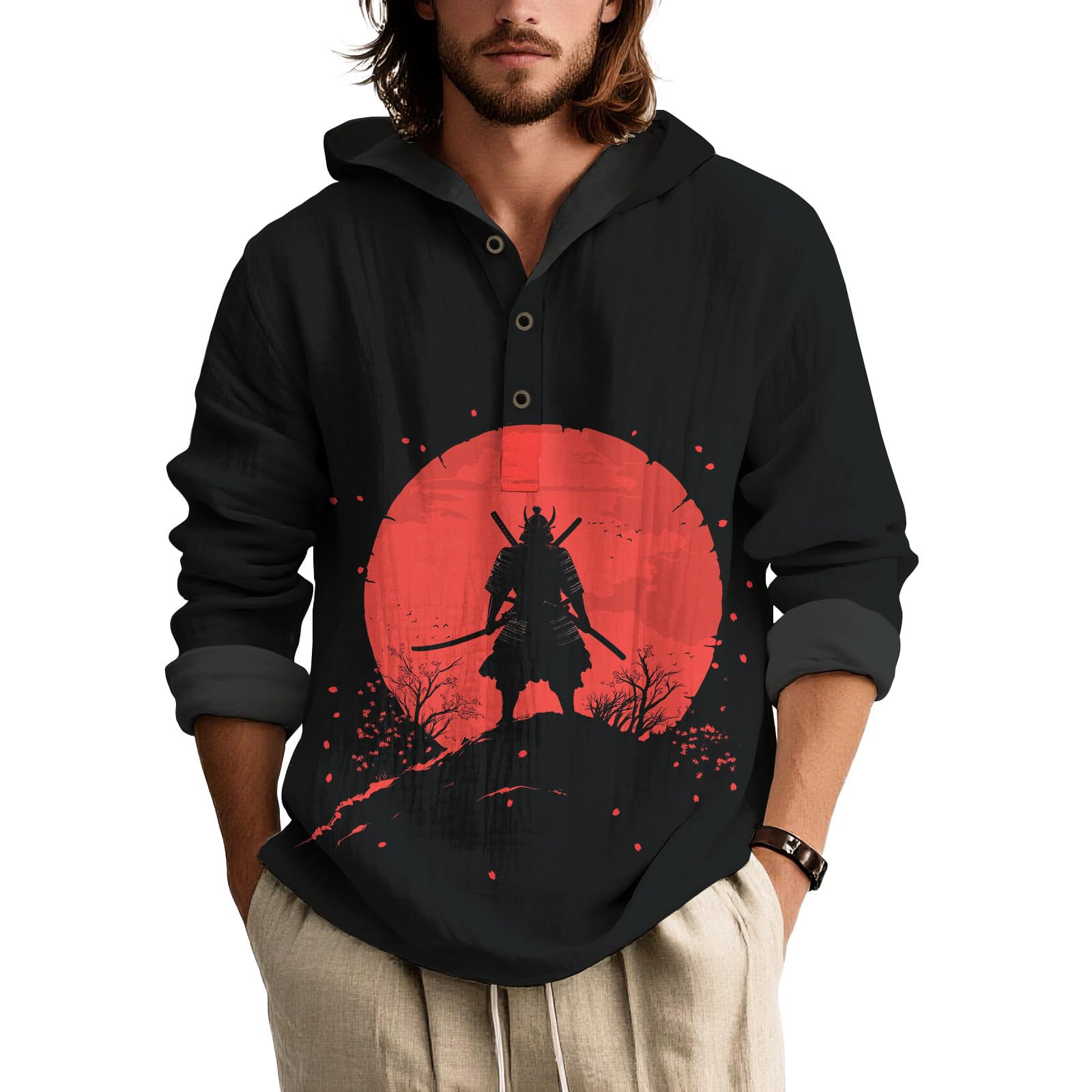 Mens Long Sleeve Button Down Shirt Japanese Art Print Relaxed Fit Casual Top Artistic Style Navy Black