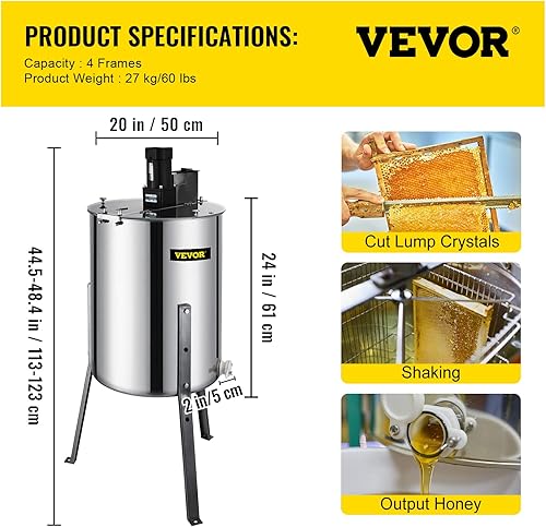 Miniatura 7 de BestEquip Extractor de miel eléctrico Separador de 4 marcos Extractor de abeja de acero inoxidable Honeycomb Spinner Crank. apicultura extracción