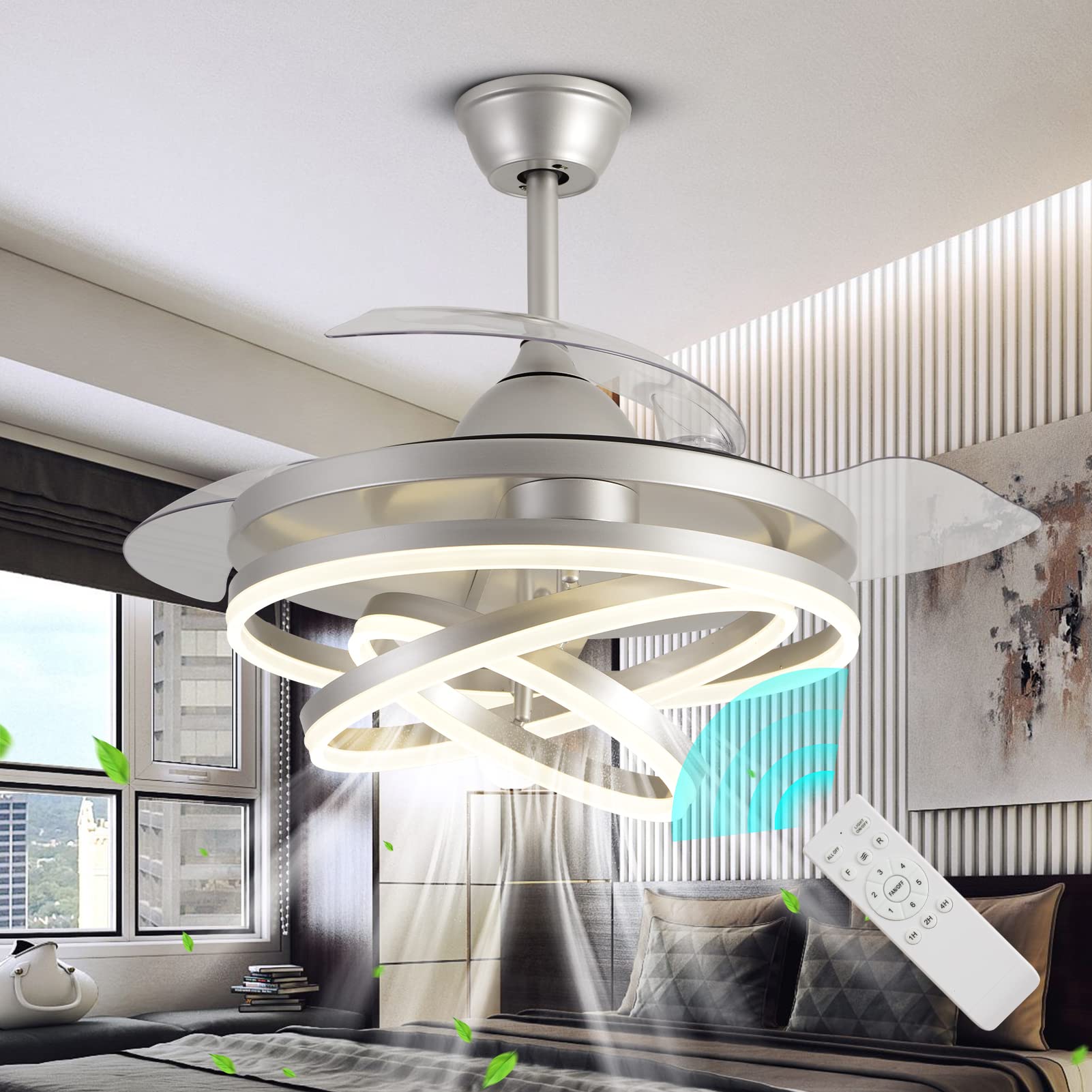 Photo 1 of CXGLEAMING 42" Chrome Dimmable Retractable Ceiling Fan with Lights and Remote Modern Ceiling Fan 3 Color 6 Speed Silent 3 Rings Round LED Ceiling Fans for Bedroom Living Room DX005-Chrome