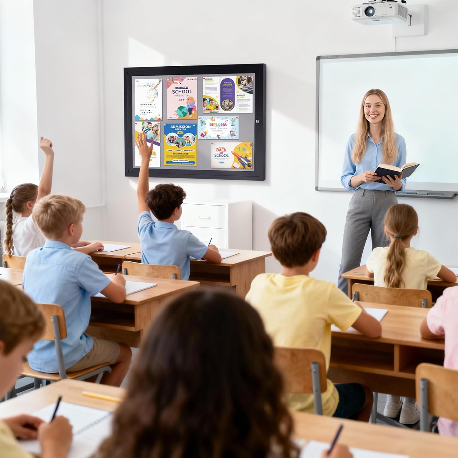 S SWANCROWN Outdoor Bulletin Board Weatherproof 37x28in, Enclosed Bulletin Board Wall Display Case Grey Felt Board for Office School Commerce,Black Aluminum Frame