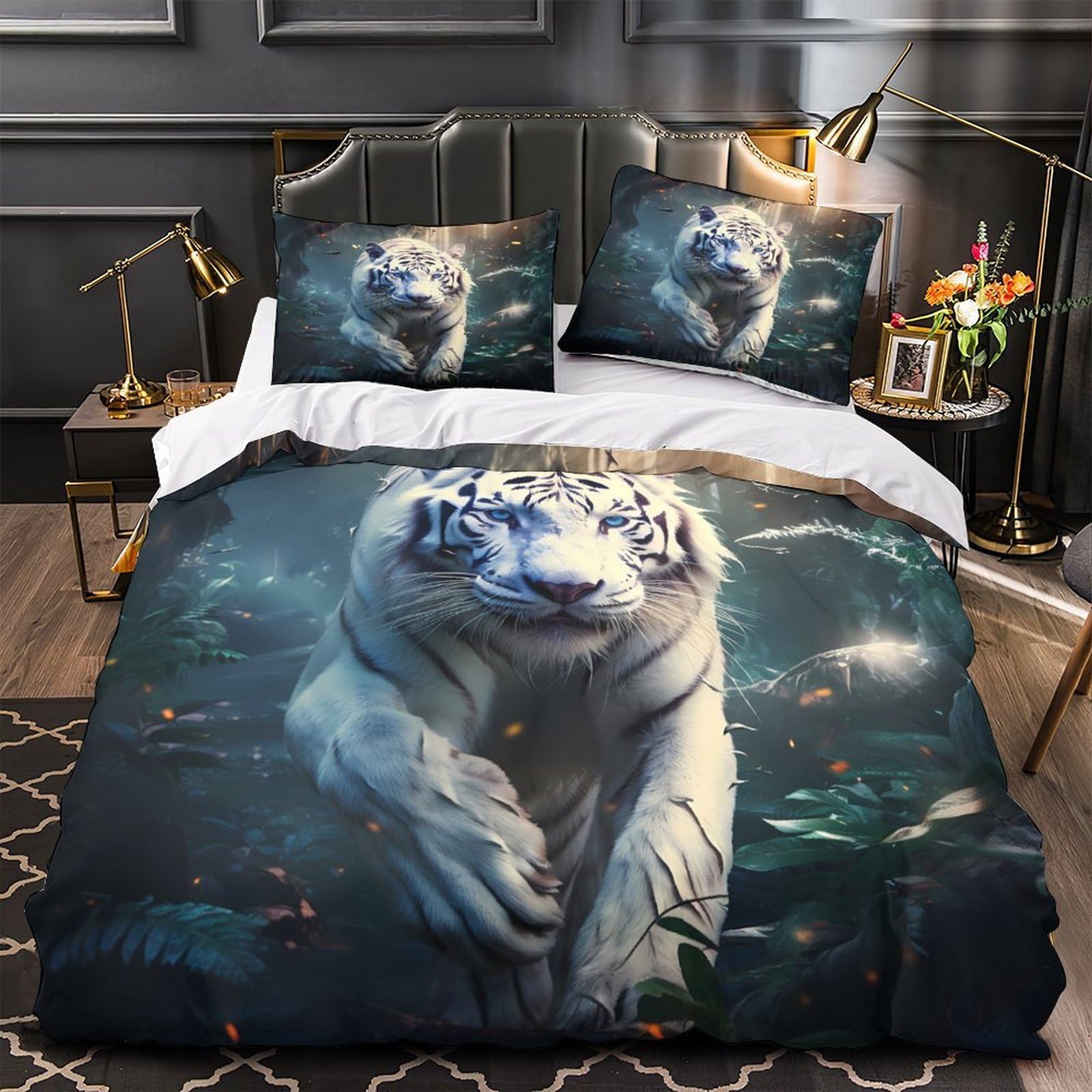 Housse de couette tigre blanc 3D King 220x240 cm en microfibre avec 2 taies d'oreiller