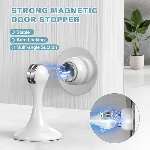 Vista 2 de Topes magnéticos para puerta, paquete de 4, topes de puerta de acero inoxidable para montaje en pared y piso, soporte de puerta mantiene la puerta