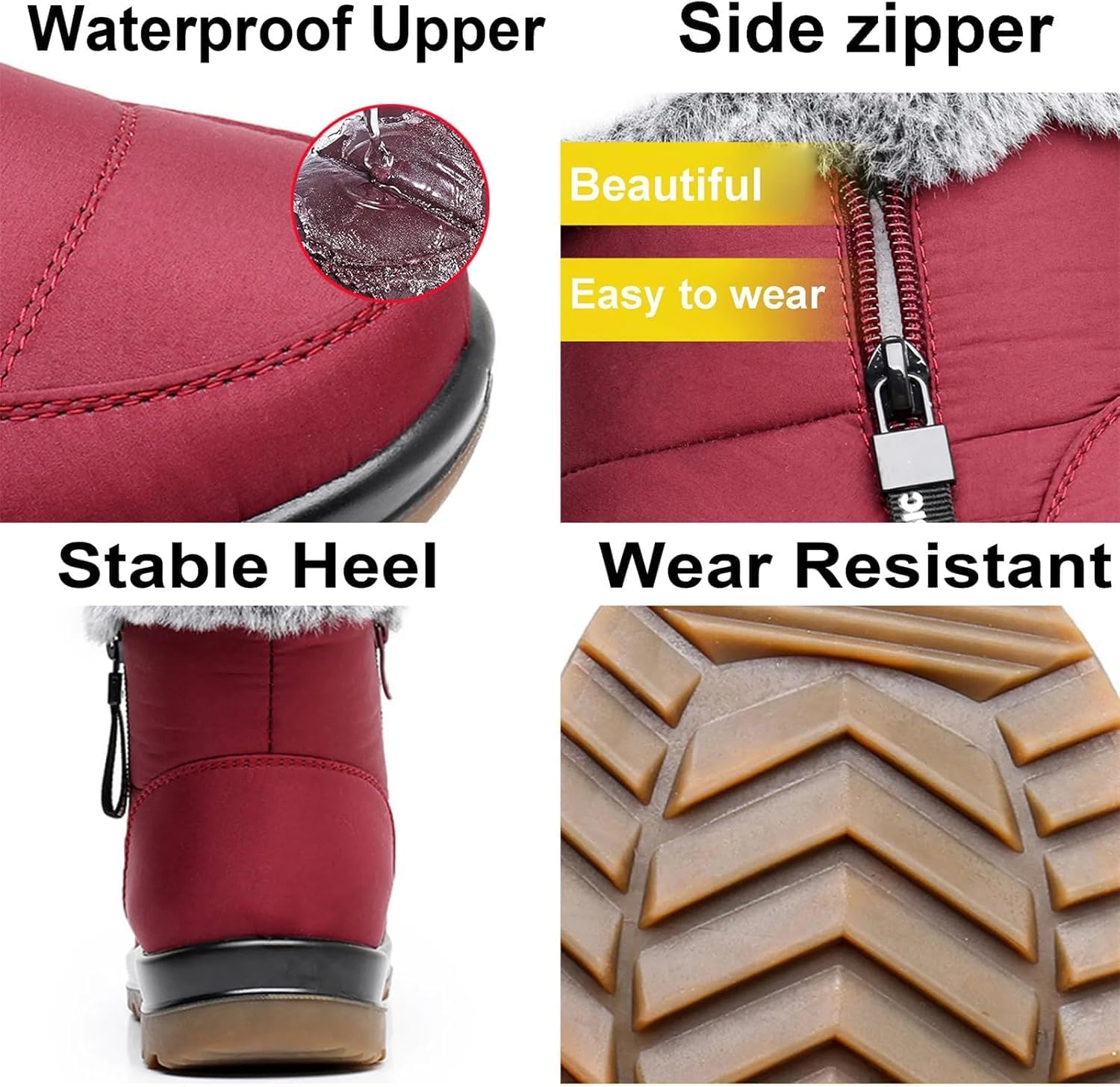 Women's Winter Waterproof Non-Slip Fleece Snow Boots Warm Fur Lined Winter Ankle Boots Comfortable Outdoor Fleece Shoes with Zipper