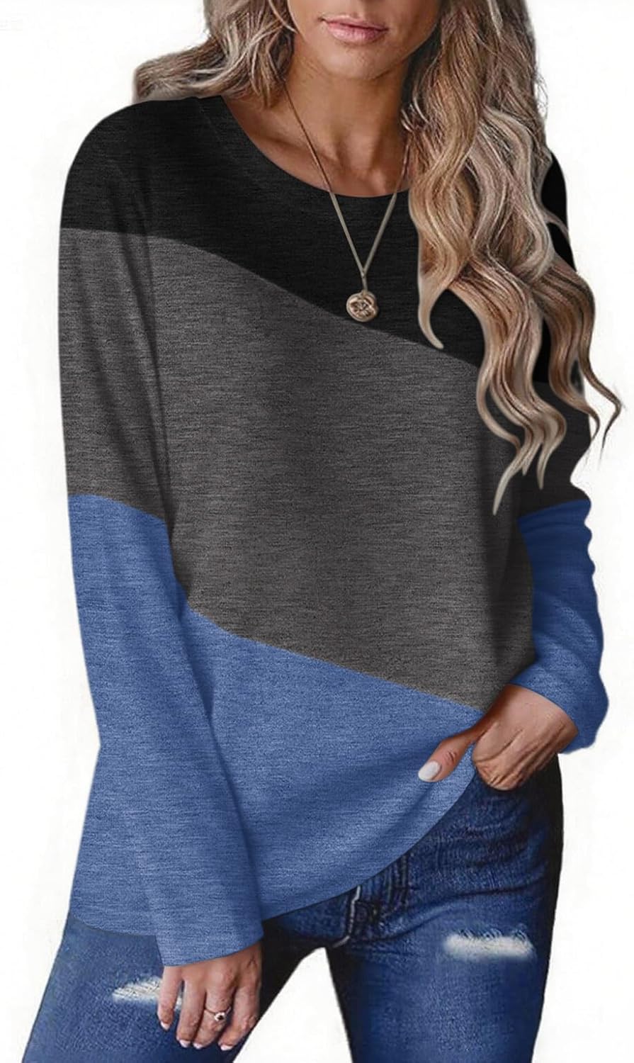 Zeagoo Women's Color Block Tops Long Sleeve Fall Tunic Top Casual Round Neck Pullover Shirts Dressy Work Outfit 2025