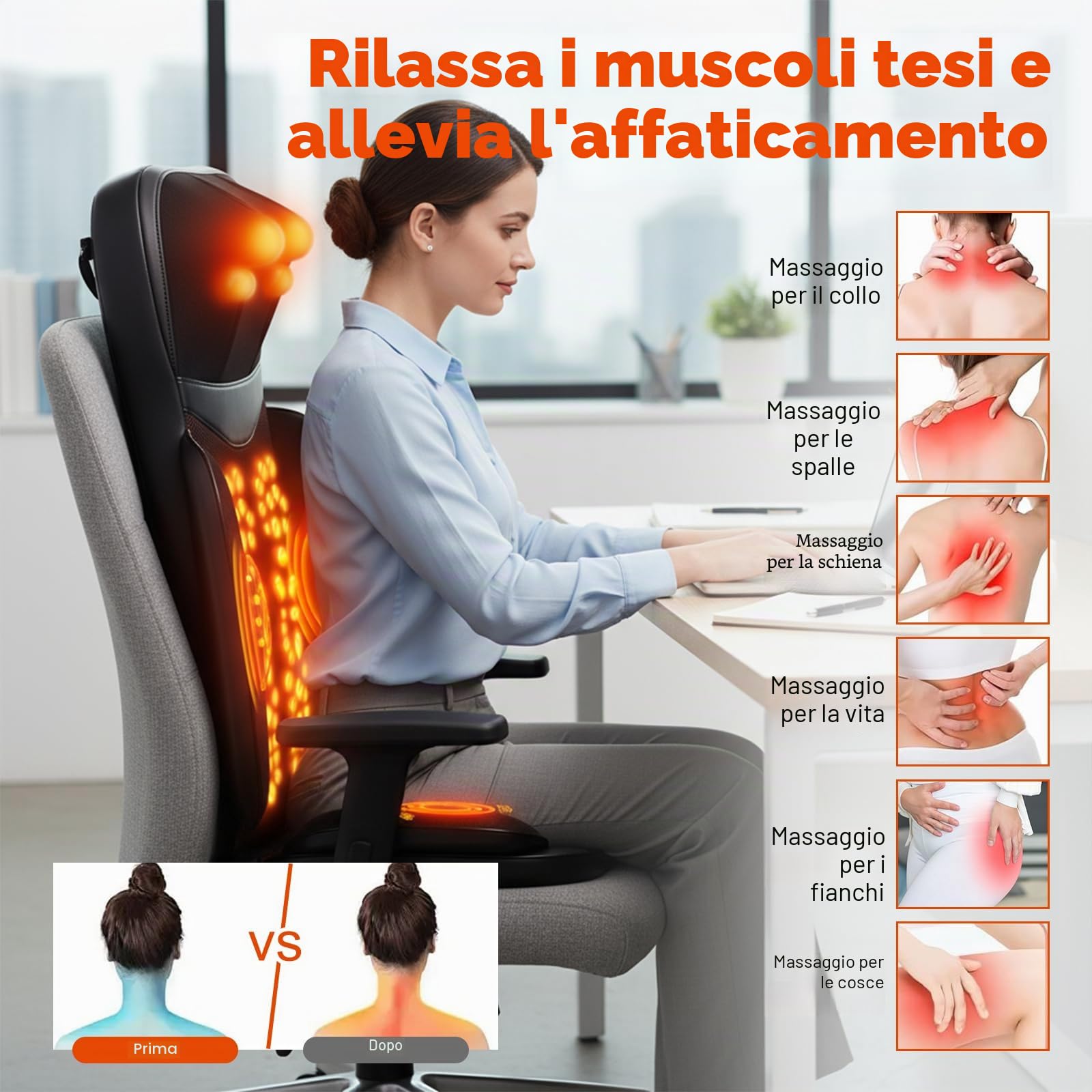 Shiatsu Tappetino da massaggio Schiena con Calore,2D/3D Shiatsu Massaggiatore Elettrico con Compressione d’Aria, Poltrona Massaggiante Professionale per Corpo a Casa o da Ufficio