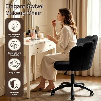 Petal Desk Chair with Bow Cushion Velvet Vanity Chair with Wheels, Upholstered Home Office Chair for Girls Women, Mid-Back Swivel Computer Task Chairs for Living Room Bedroom