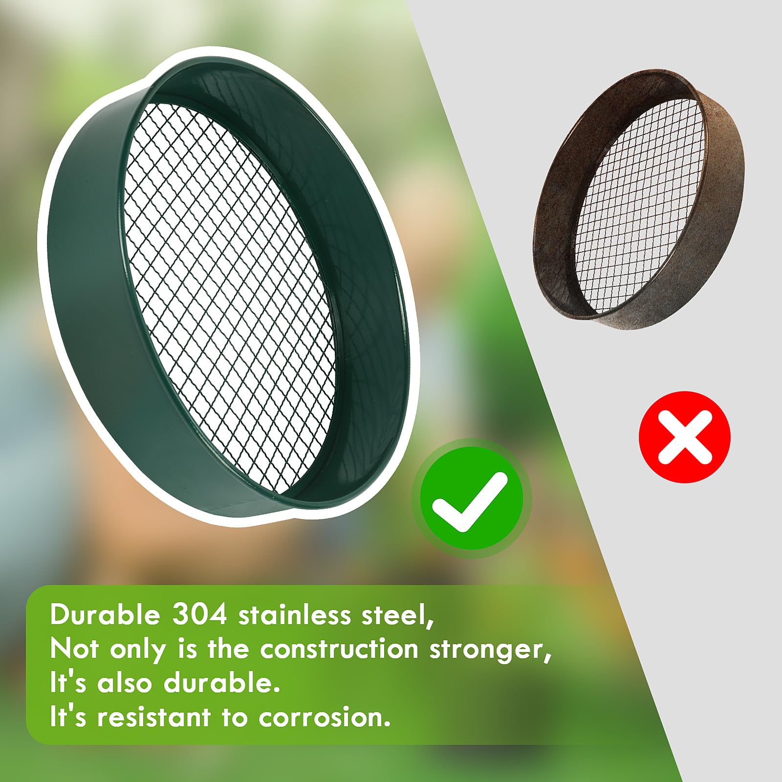 Setaccio Terreno per Giardinaggio, Setaccio Terreno in Acciaio Inox da 12 Pollici con 5 Schermi Fine Sostituibili, Guanti e Pala, Setaccio Sabbia, 3mm, 5mm, 8mm, 10mm, 12mm (Verde)