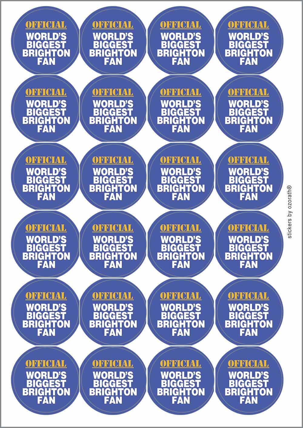 World's Biggest Brighton Fan Circular Matt Paper Stickers A4 Sheet of 24 (Each Sticker is 45mm Diameter)