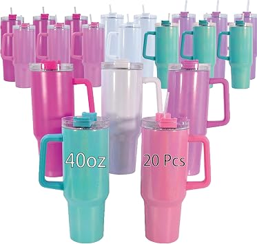 40 oz Sublimation Dazzle-Colour Tumbler with Handle Lid and Straw 20 Pack Stainless Steel Double Wall Vacuum Insulated Cup Tumblers Bulk Sublimation Blank Cupholder Friendly Mixed Colors