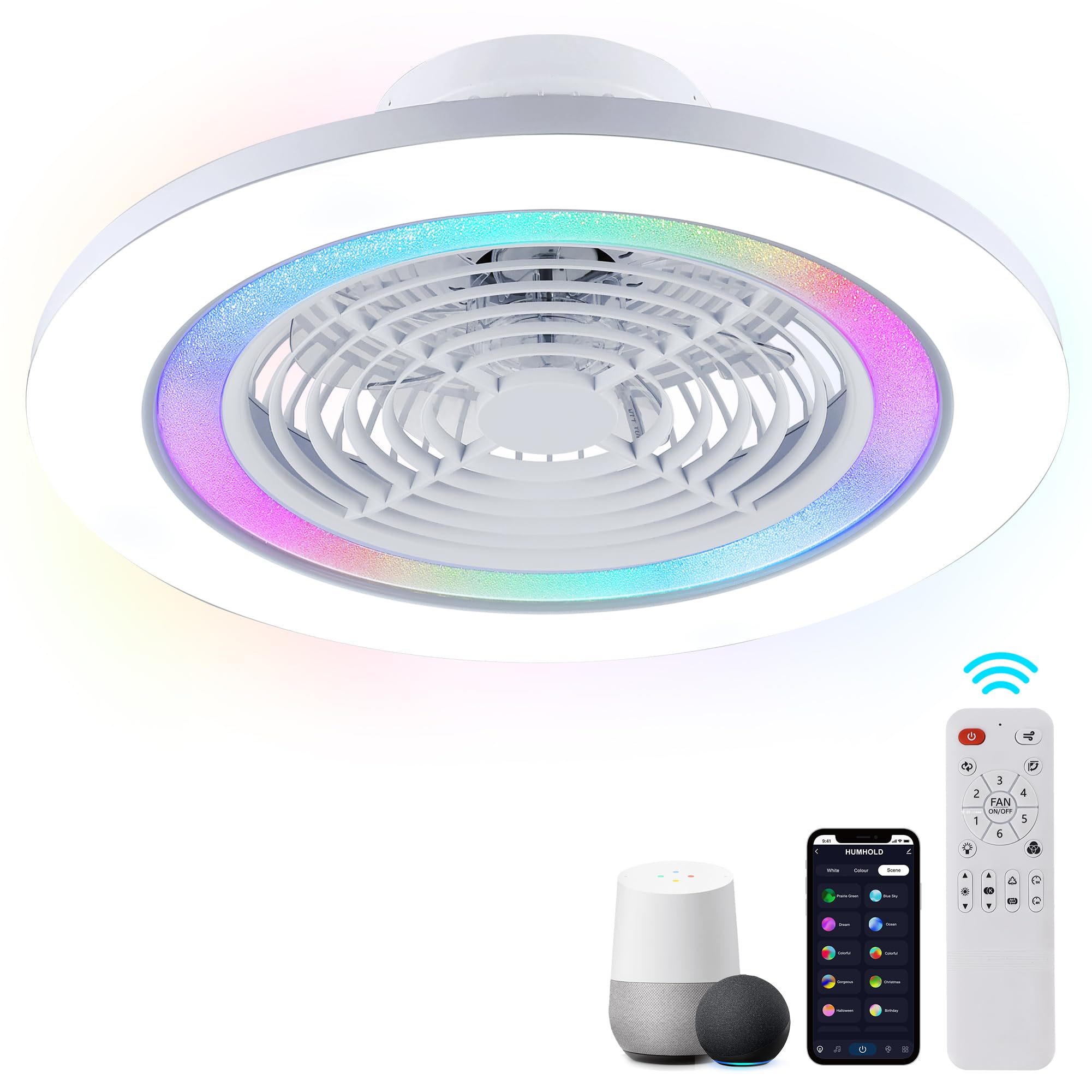 Low Profile Ceiling Fan with Lights - 24" Smart LED Bladeless Ceiling Fans Remote with Alexa/Google Assistant, Modern Flush Mount RGB Ceiling Fan for Bedroom/Living Room (White)