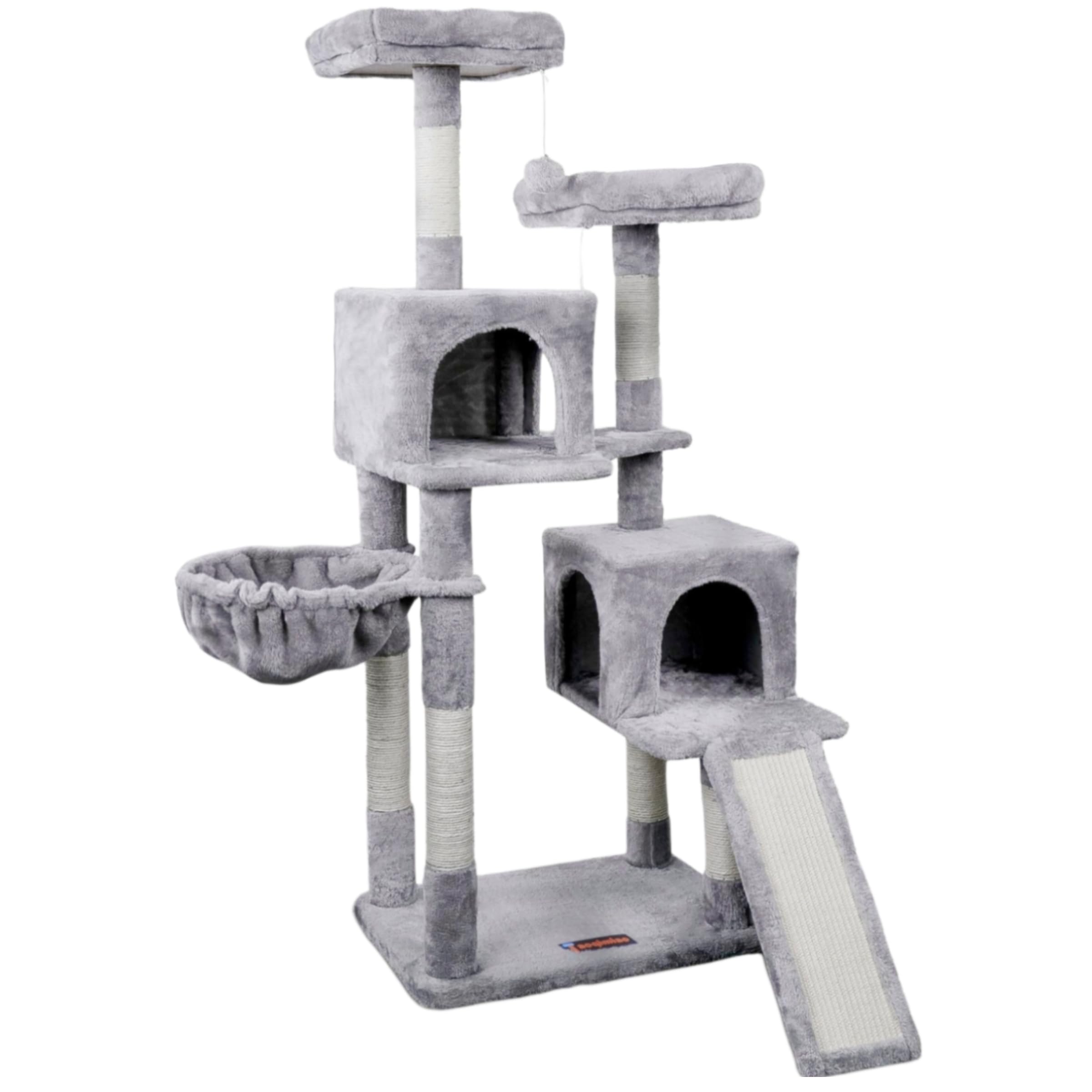 Taoqimiao Cat Tower 56.3-Inch Layers Cat Tree Cat Condo with Hammock for Adult Cats,Scratching Posts for Cat Activity Center MS012W Light Gray