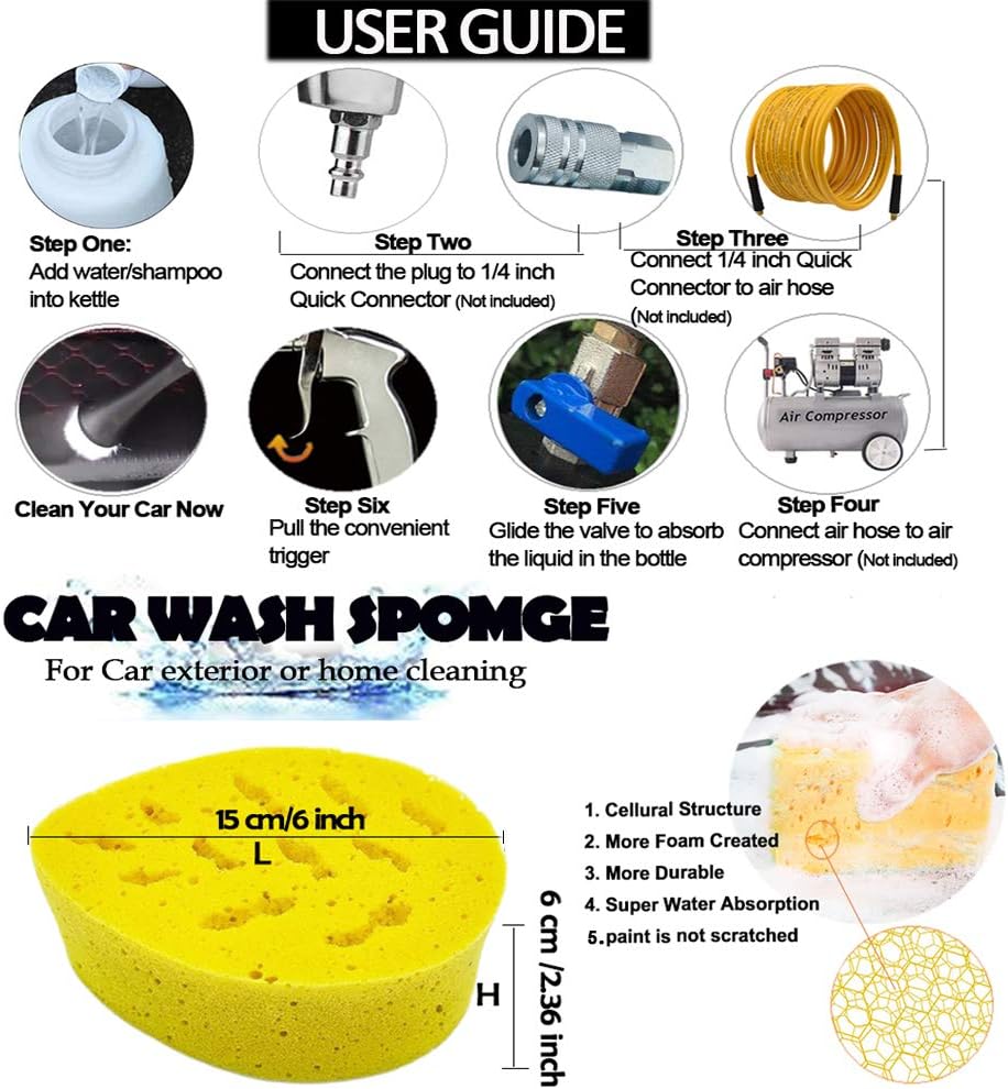 Car Cleaning Gun High Pressure Car Interior Cleaning Tool Auto Detailing Kit Supplies with 1L Foam Bottle & Cleaning Brush Air Blow Gun Essential Car Detailing Tools (US 1/4'' Male Plug)