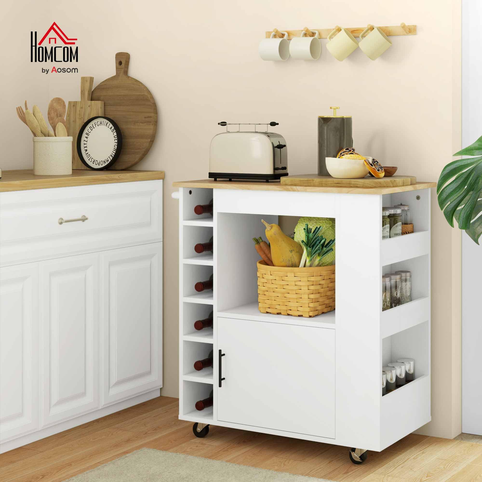 HOMCOM Carrello da Cucina con 6 Portabottiglie, 3 Ripiani Laterali e Armadietto con Cerniere Ammortizzate, Mobiletto Cucina con Portasciugamani e Piano in Legno di caucciù, 83x40x83cm, Rovere