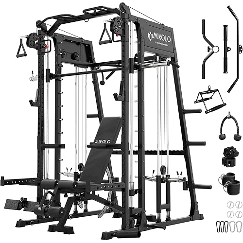 Mikolo Smith Machine, 2200lbs Squat Rack with LAT-Pull Down System & Cable Crossover Machine, Training Equipment with Leg Hold-Down Attachment