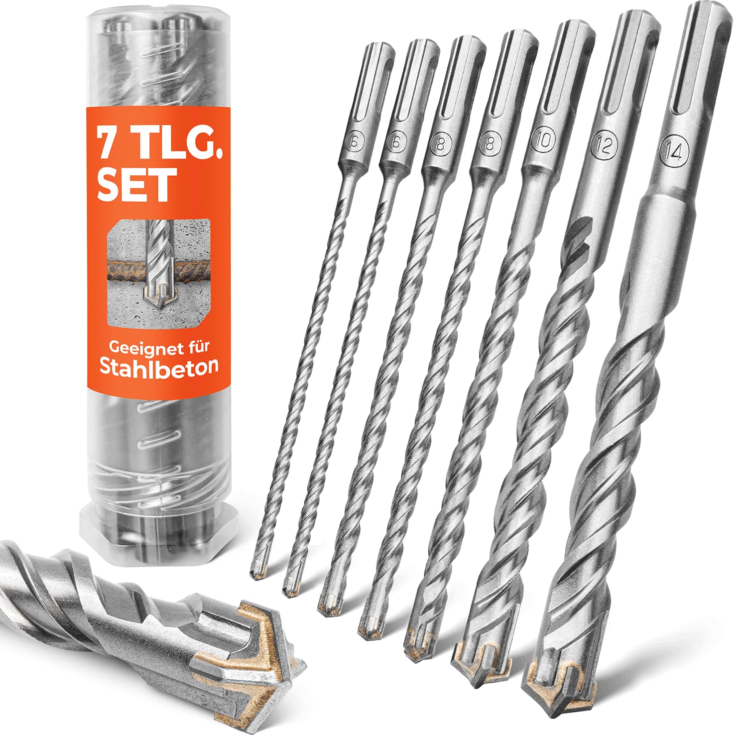 BAUBECK SDS Plus Bohrer Set für Beton [7tlg - Ø6-14 & 210mm lang] 4 Schneiden - Langlebige Betonbohrer aus 40CR Stahl für Präzise Ergebnisse - Bohrer Set Beton Schlagbohrer SDS Bohrer Stein